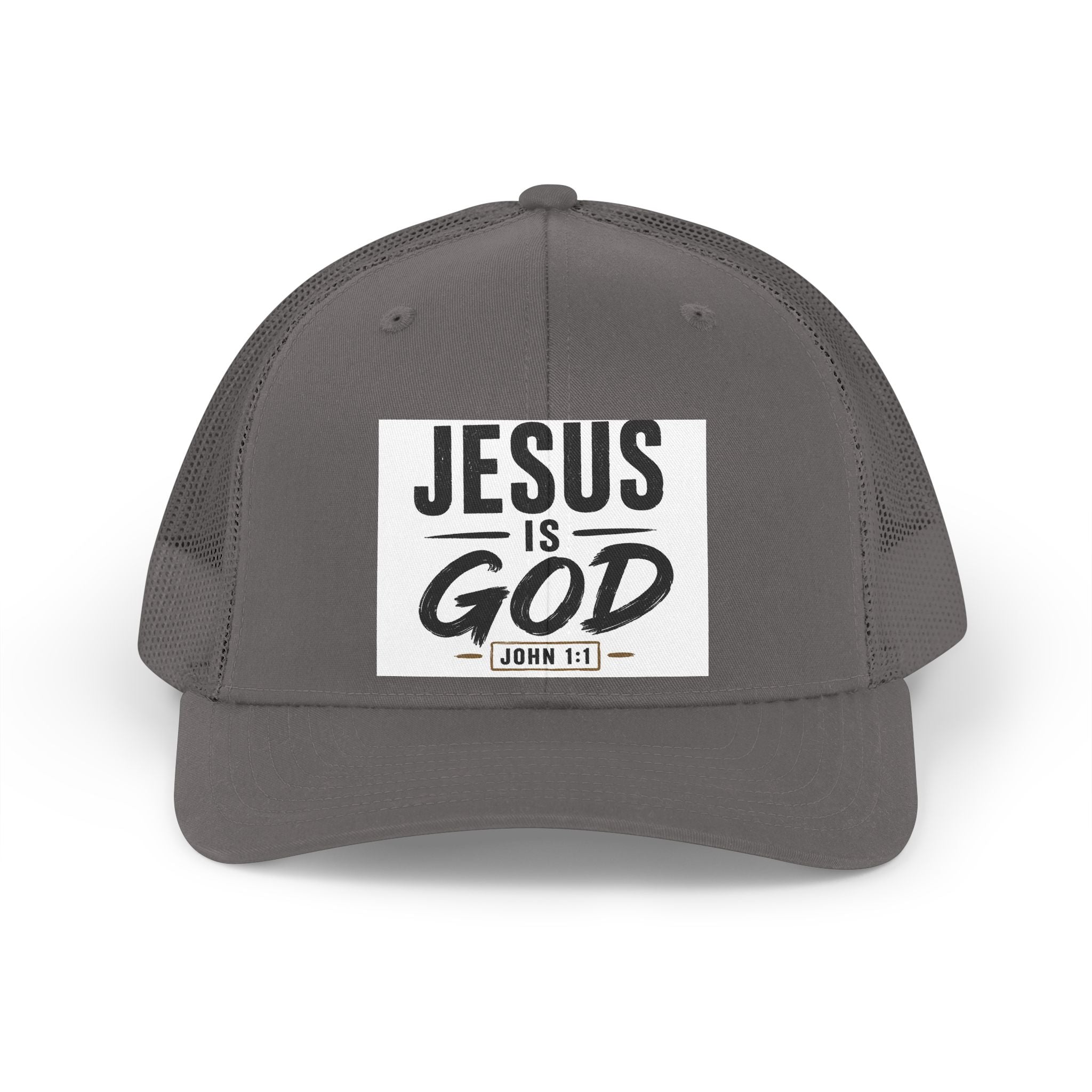 Jesus Is God Trucker Hat — Retro Christian Mesh Cap (John 1:1)