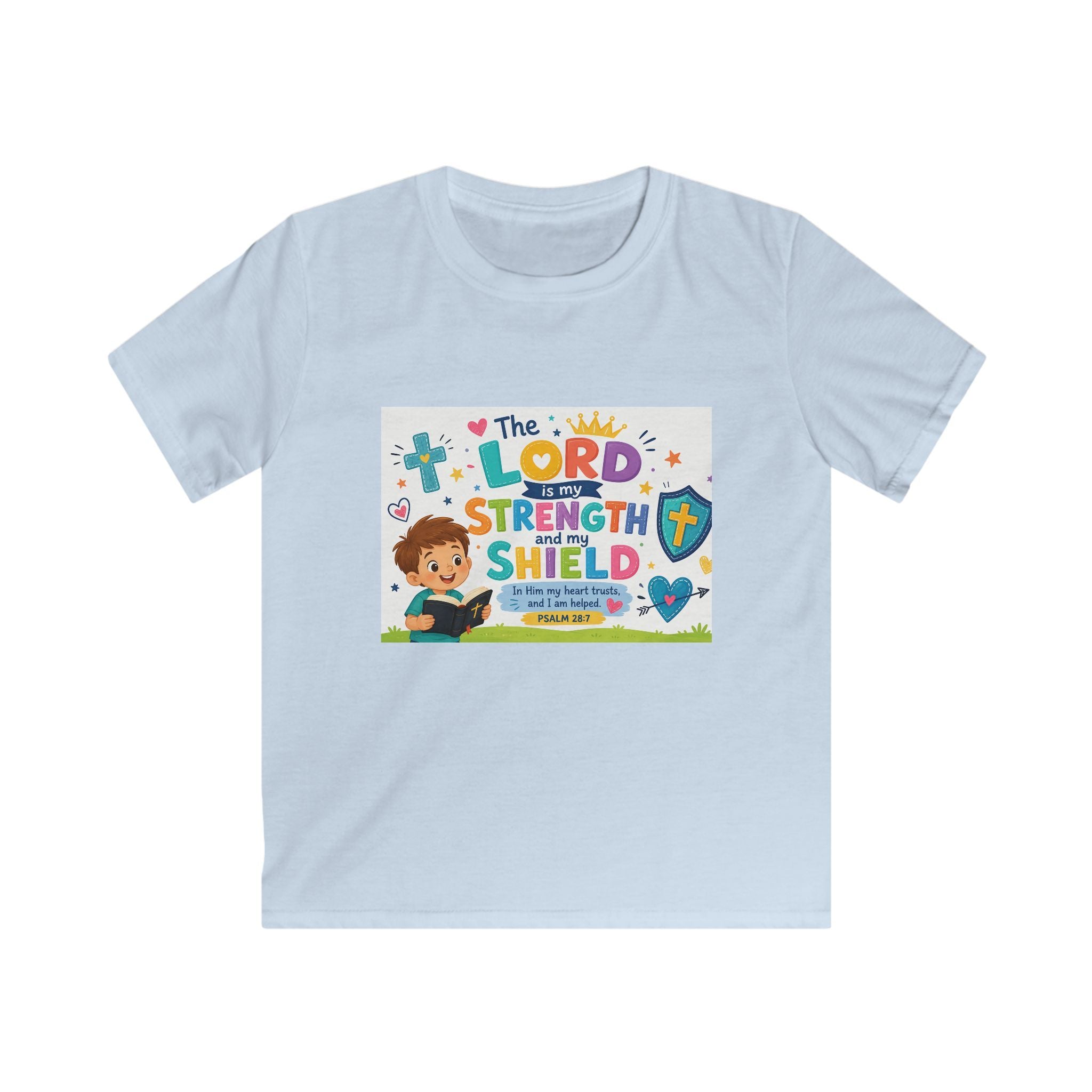 Kids Tee — "The LORD is My Strength and Shield" Christian Bible Verse Shirt