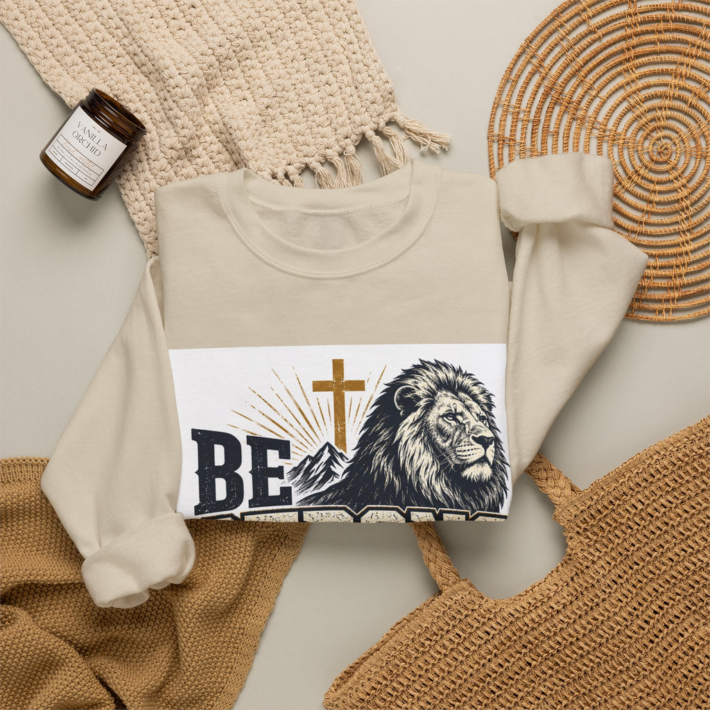 Be Strong and Courageous Crewneck Sweatshirt — Joshua 1:9 Lion & Cross Christian Pullover