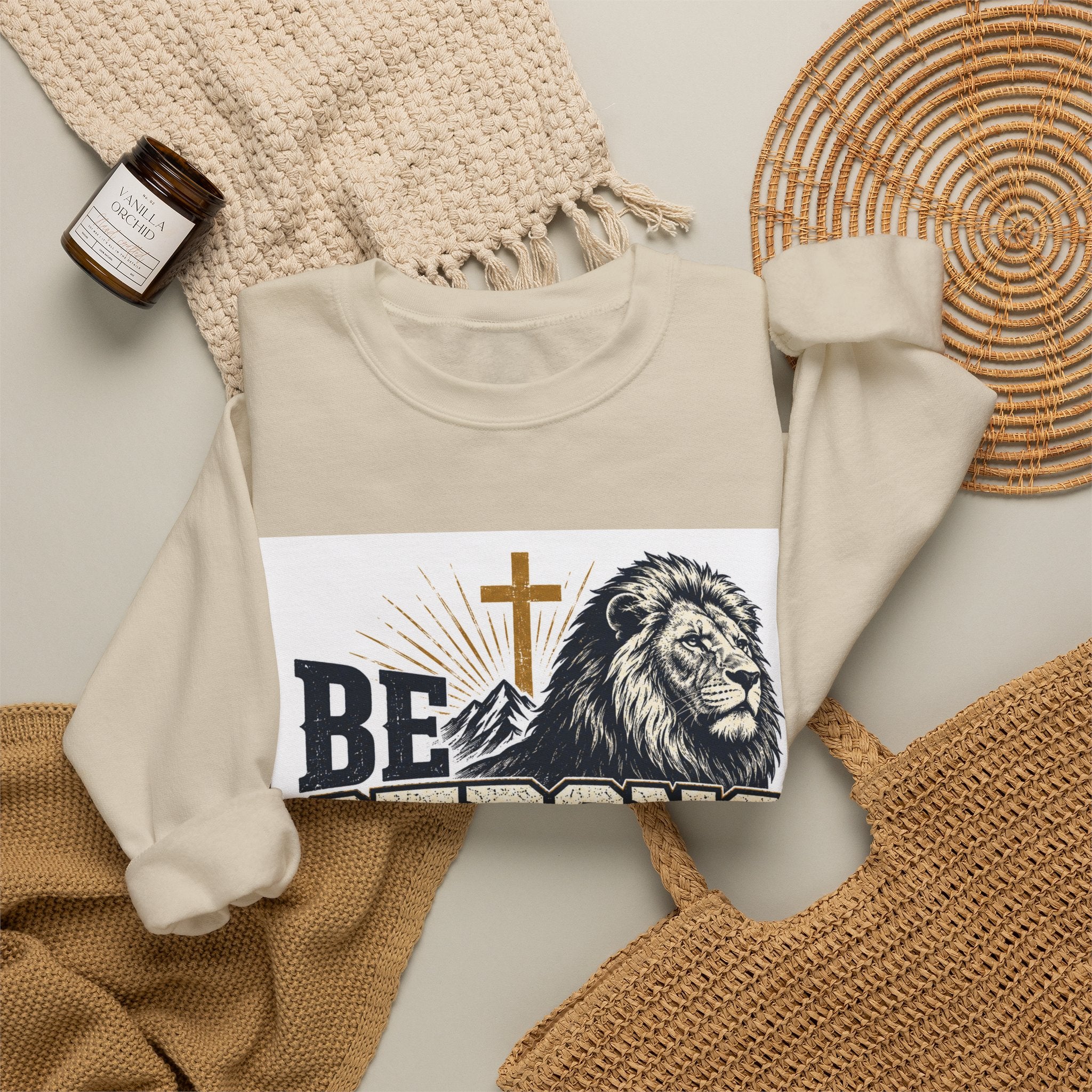 Be Strong and Courageous Crewneck Sweatshirt — Joshua 1:9 Lion & Cross Christian Pullover