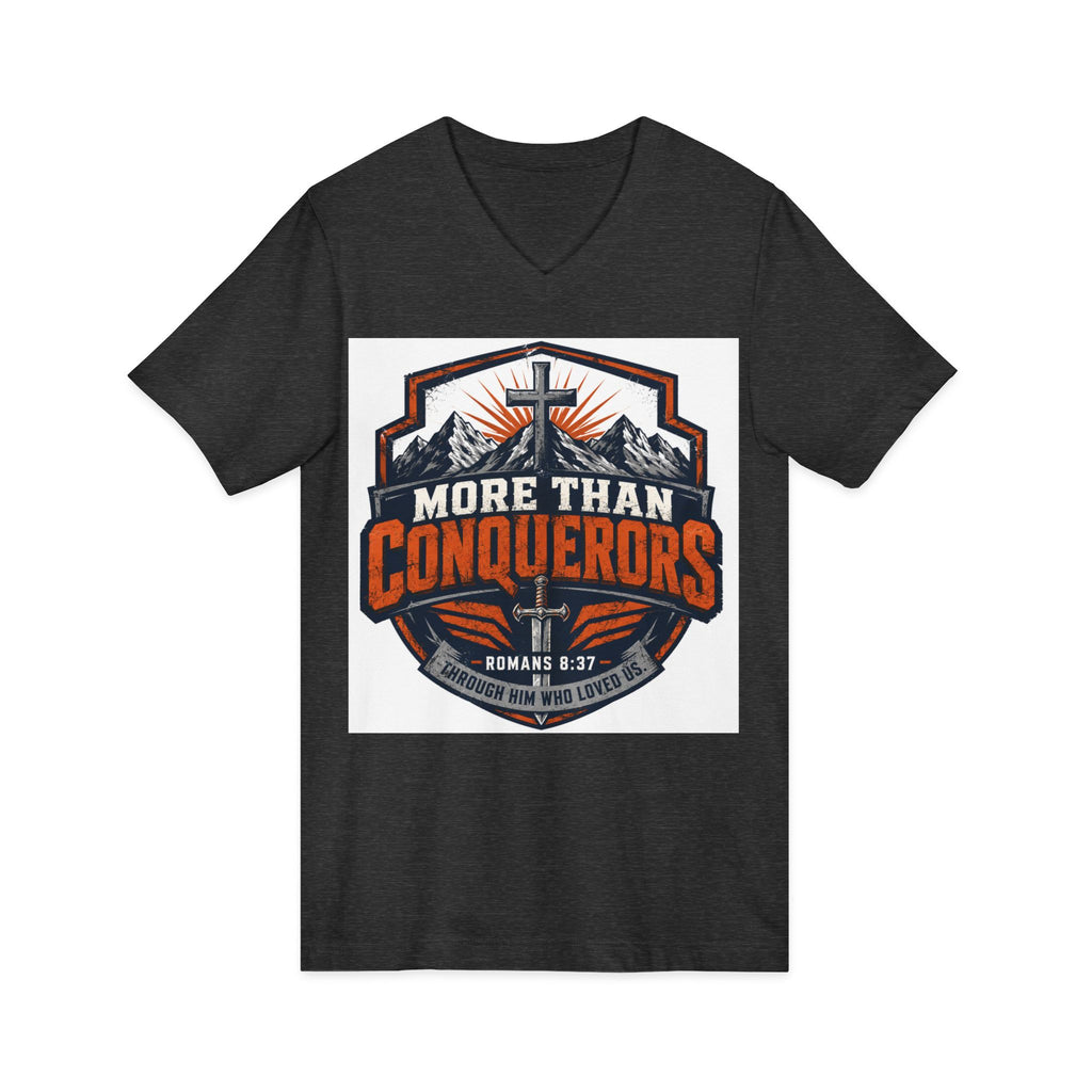 More Than Conquerors V-Neck Tee — Christian Faith Graphic Shirt (Romans 8:37)