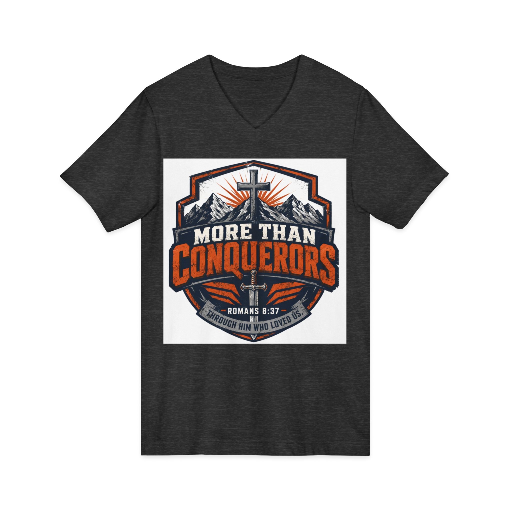 More Than Conquerors V-Neck Tee — Christian Faith Graphic Shirt (Romans 8:37)