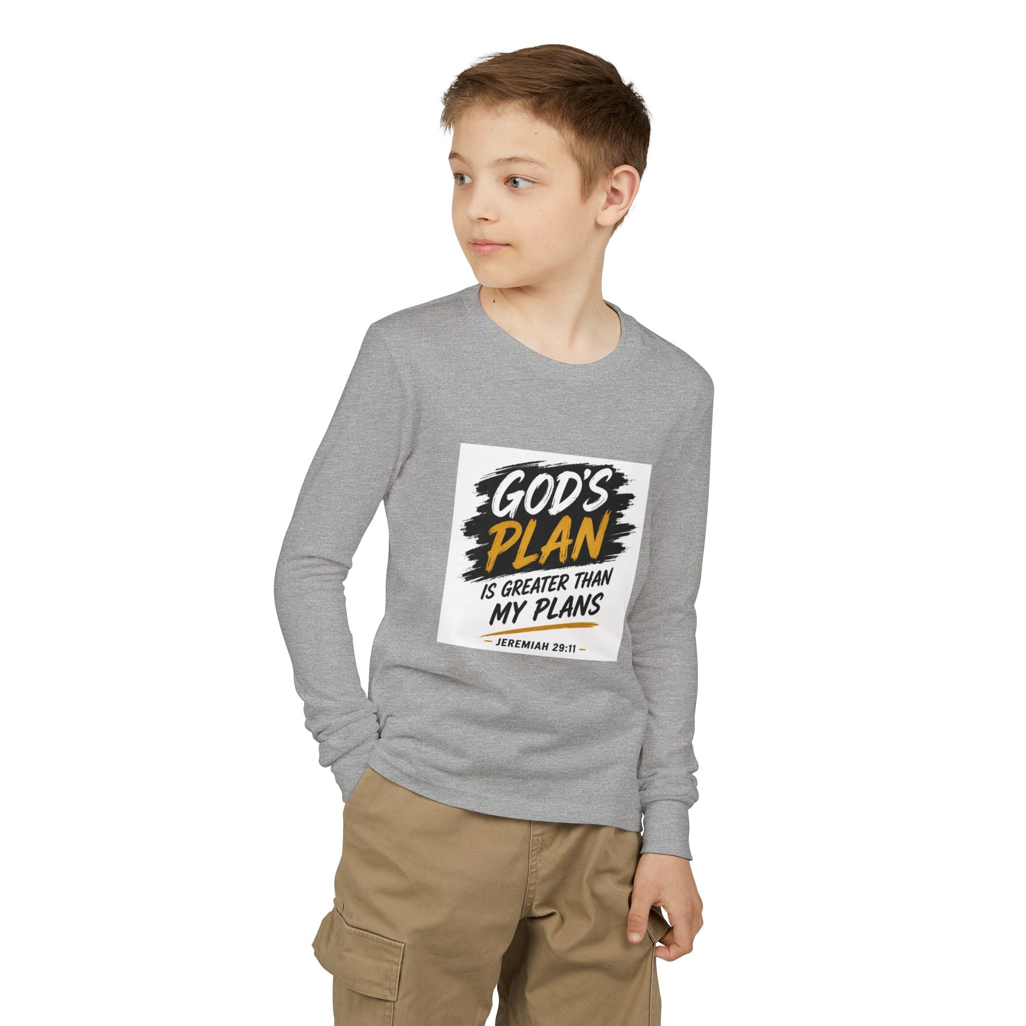 God's Plan Youth Long Sleeve Tee — "God's Plan Is Greater Than My Plans" Christian Kids Shirt