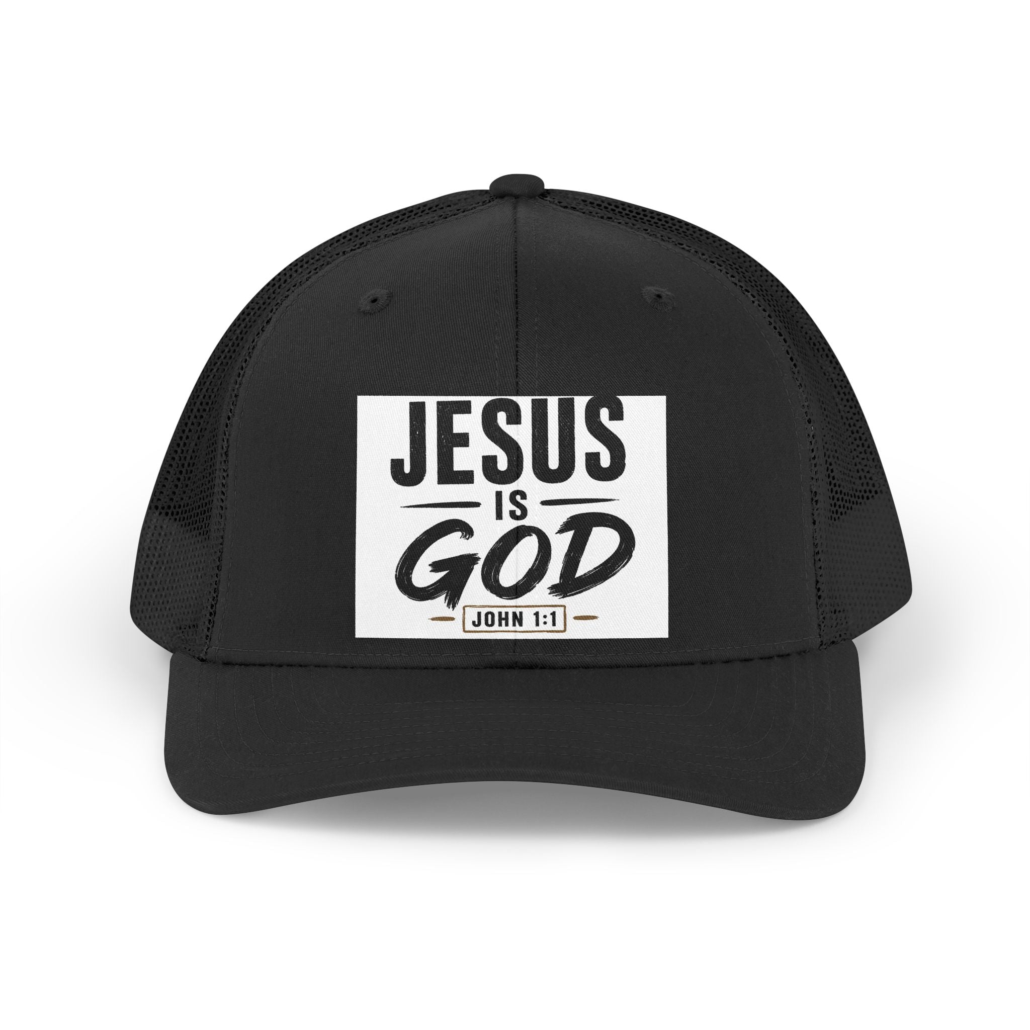 Jesus Is God Trucker Hat — Retro Christian Mesh Cap (John 1:1)