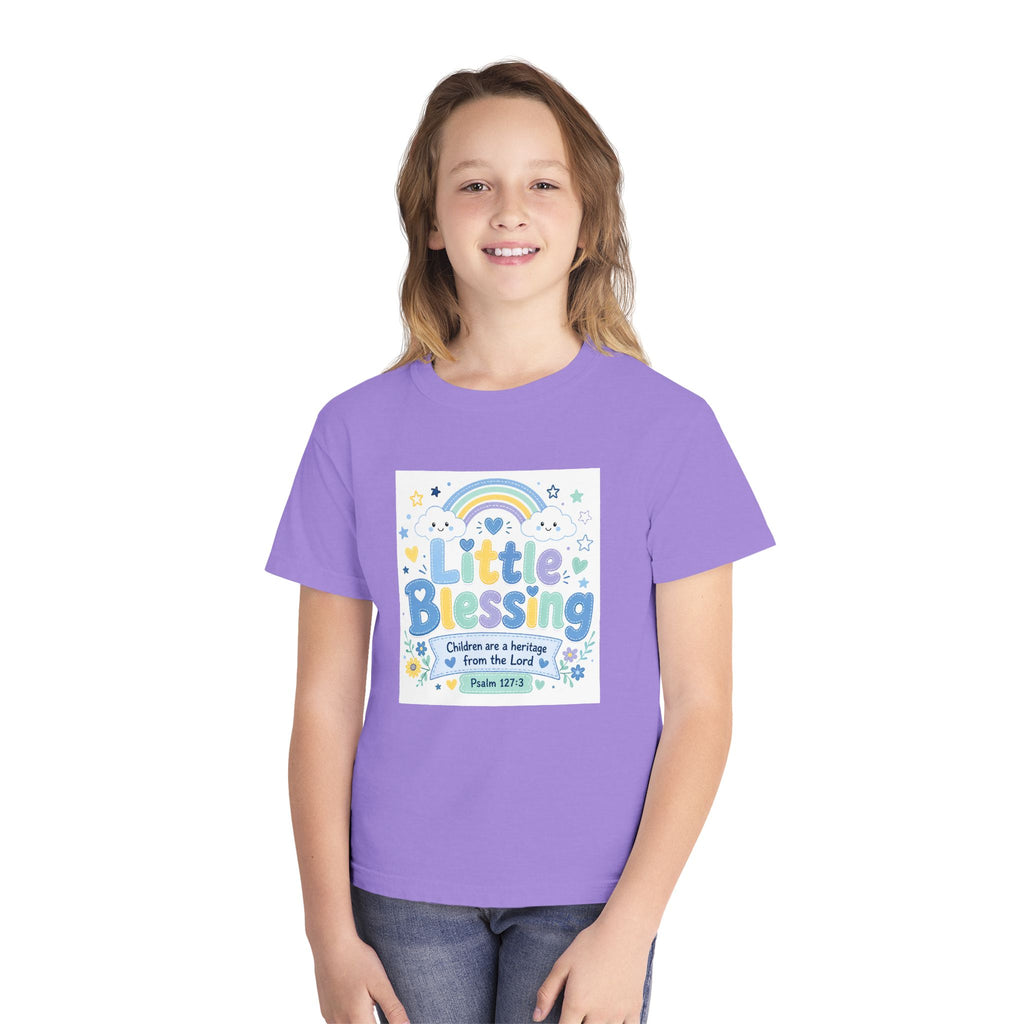 Youth Tee - "Little Blessing" Kids Shirt with Rainbow & Psalm 127:3 Design