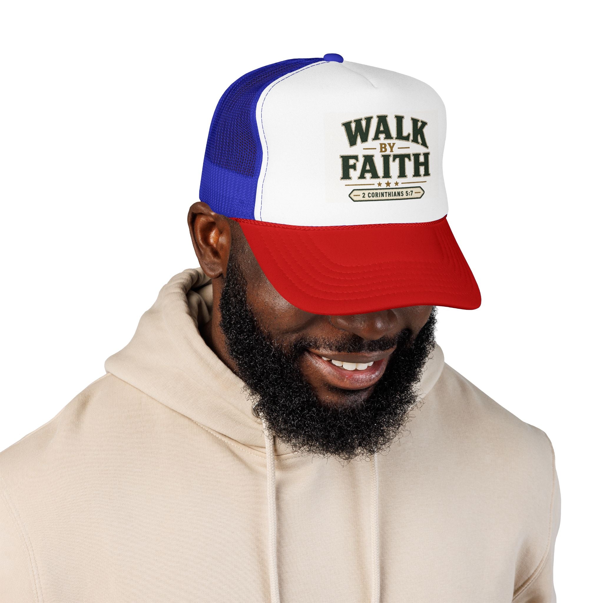 Walk By Faith Foam Trucker Hat — 2 Corinthians 5:7 Christian Cap