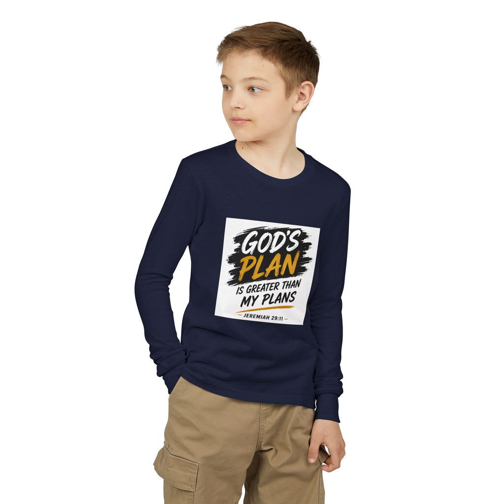 God's Plan Youth Long Sleeve Tee — "God's Plan Is Greater Than My Plans" Christian Kids Shirt