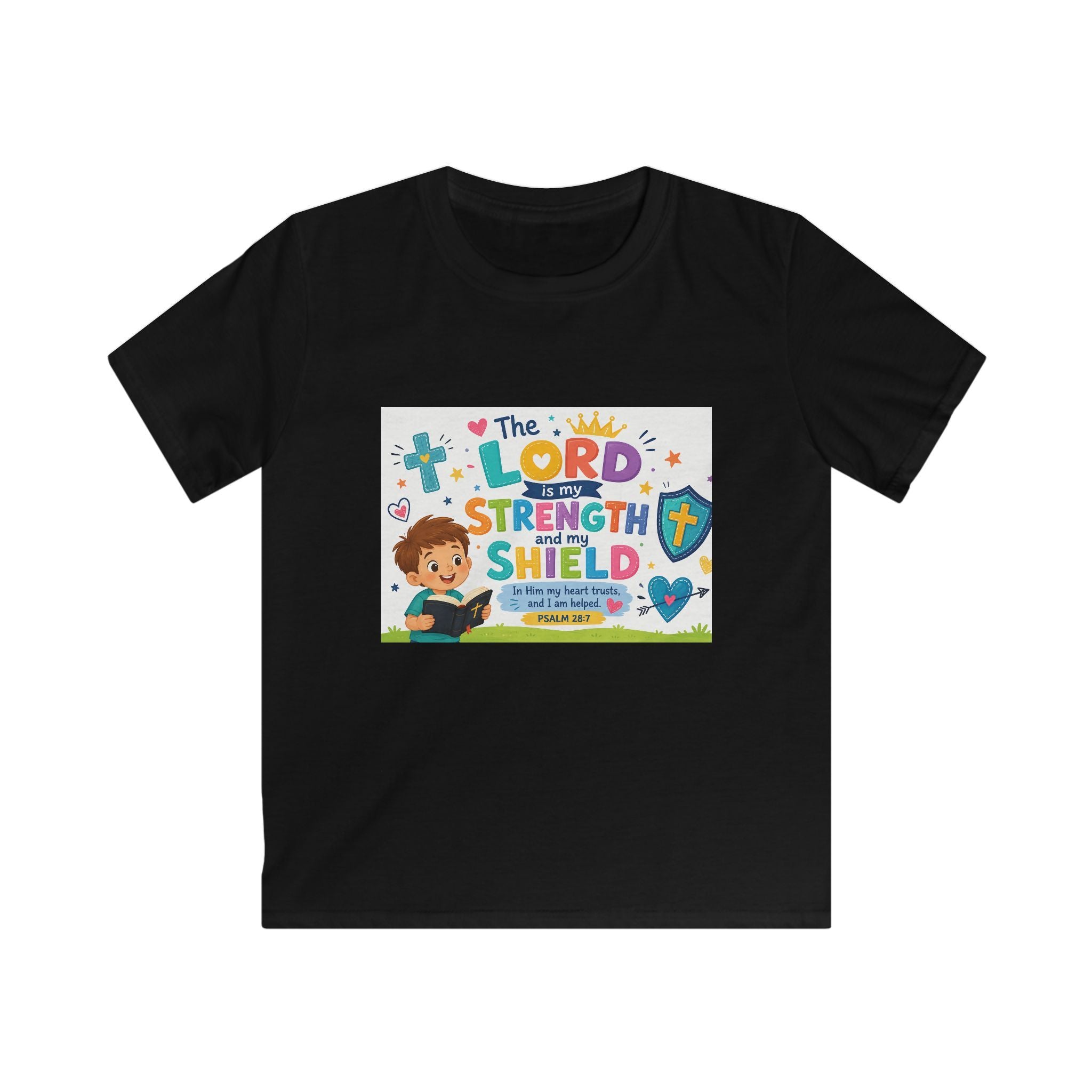 Kids Tee — "The LORD is My Strength and Shield" Christian Bible Verse Shirt