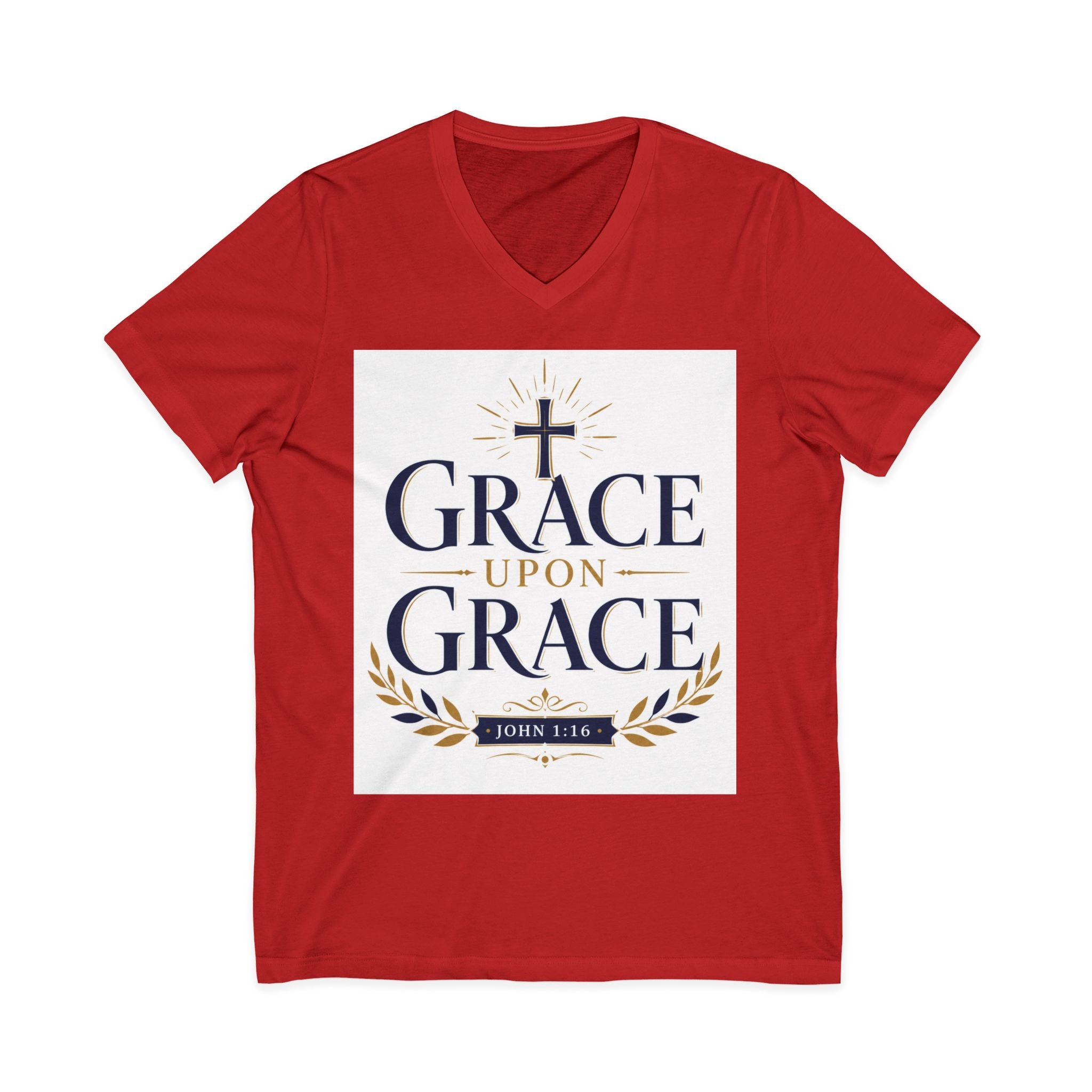 Grace Upon Grace V-Neck Tee — Christian Faith Inspirational Shirt (John 1:16)