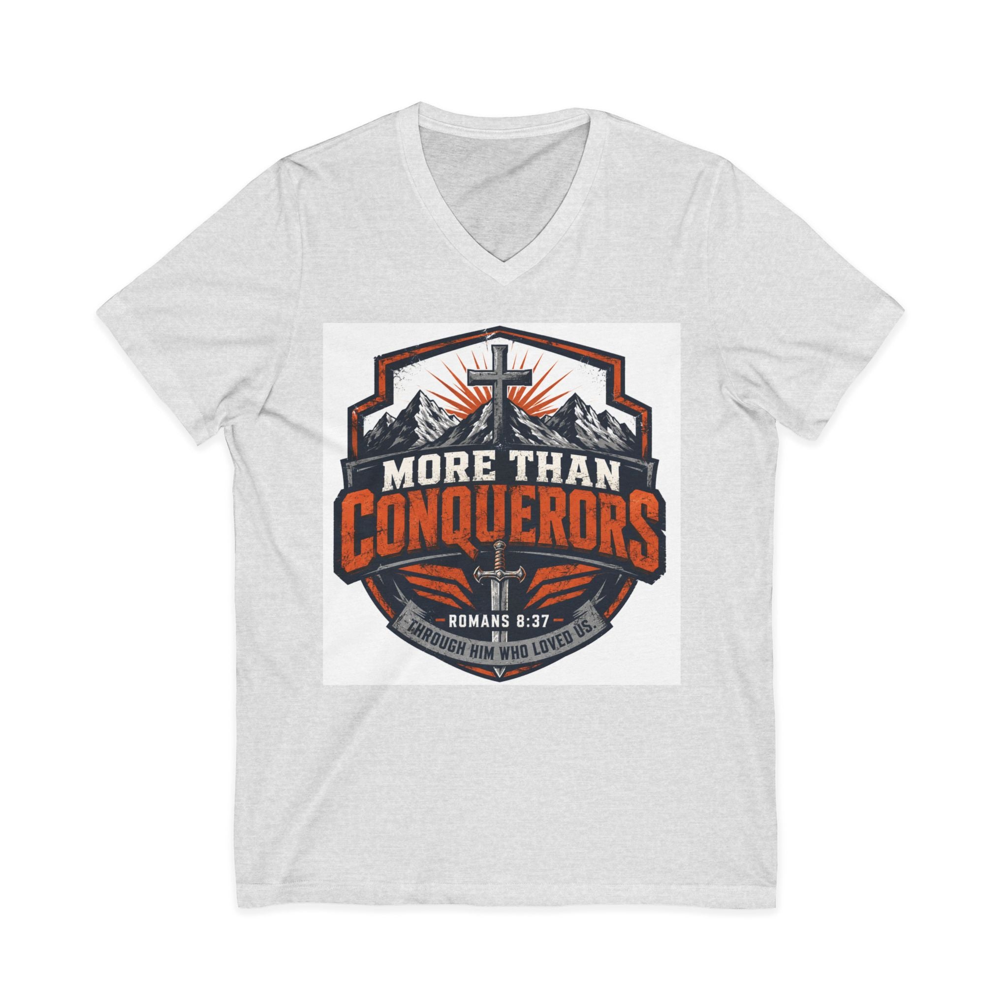 More Than Conquerors V-Neck Tee — Christian Faith Graphic Shirt (Romans 8:37)