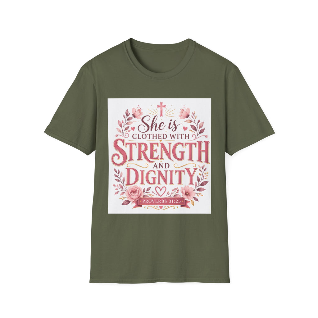T-Shirt — "She Is Clothed With Strength and Dignity" Christian Floral Inspirational Tee