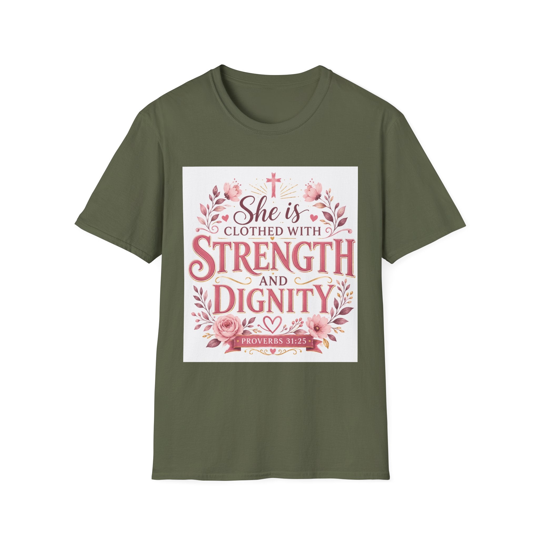 T-Shirt — "She Is Clothed With Strength and Dignity" Christian Floral Inspirational Tee