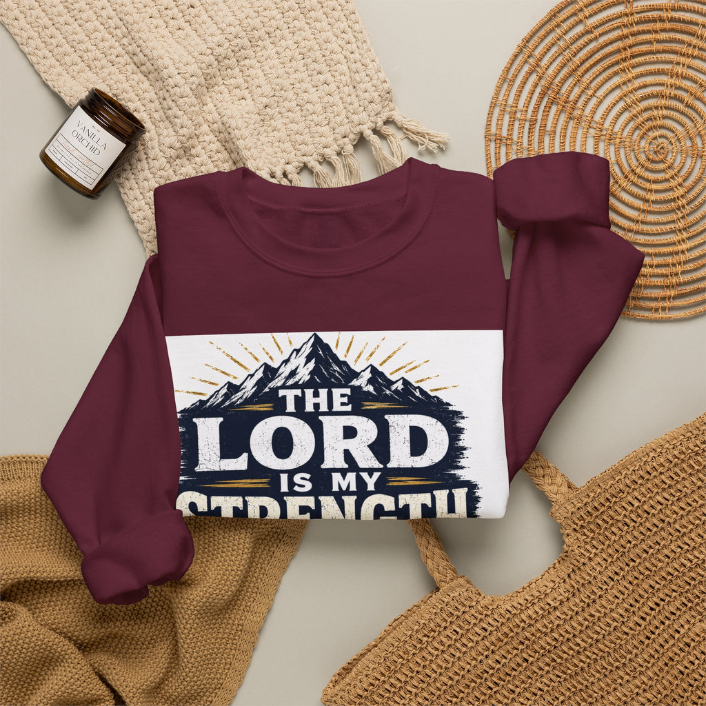 Crewneck Sweatshirt — "The Lord Is My Strength and My Shield" Psalm 28:7 Christian Pullover