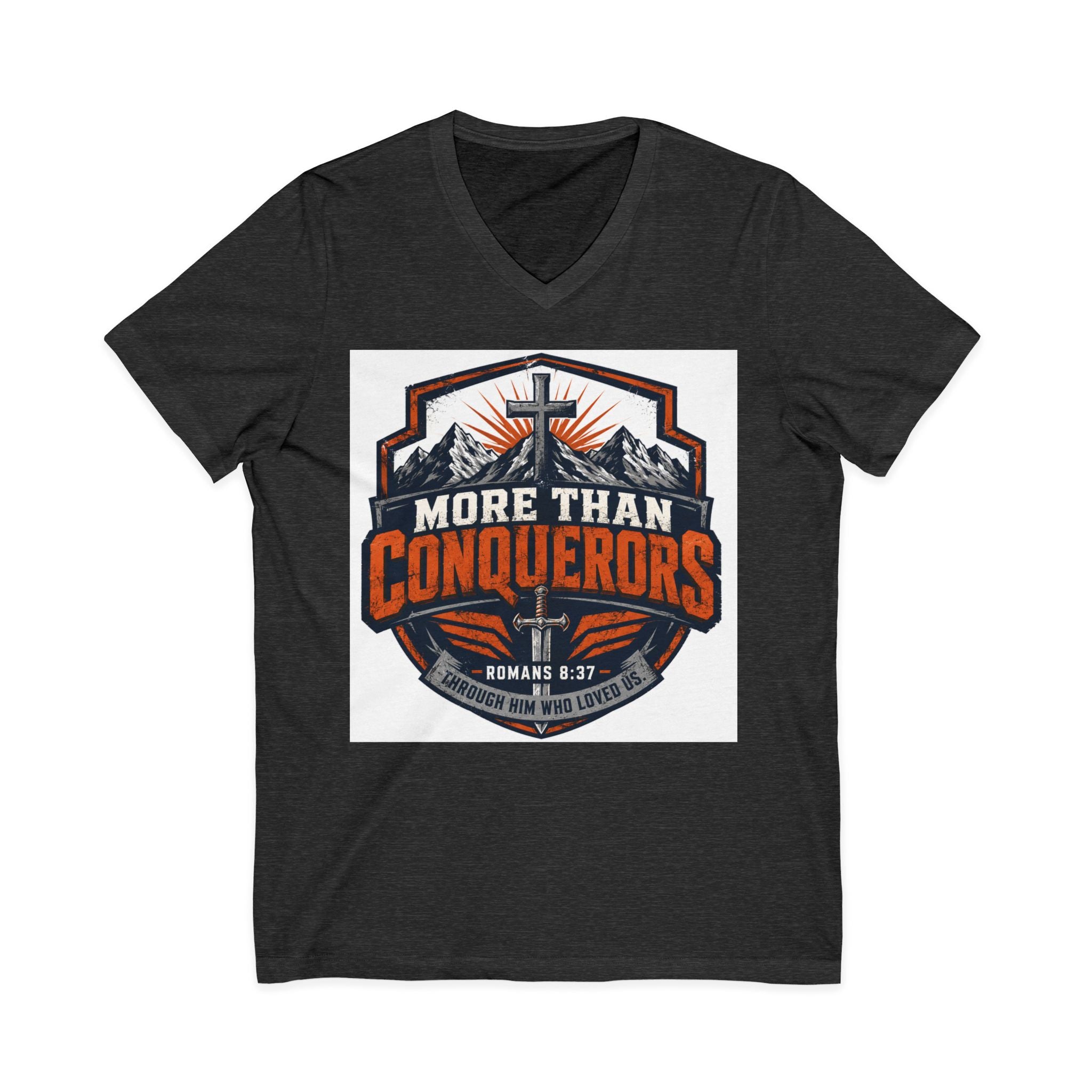 More Than Conquerors V-Neck Tee — Christian Faith Graphic Shirt (Romans 8:37)
