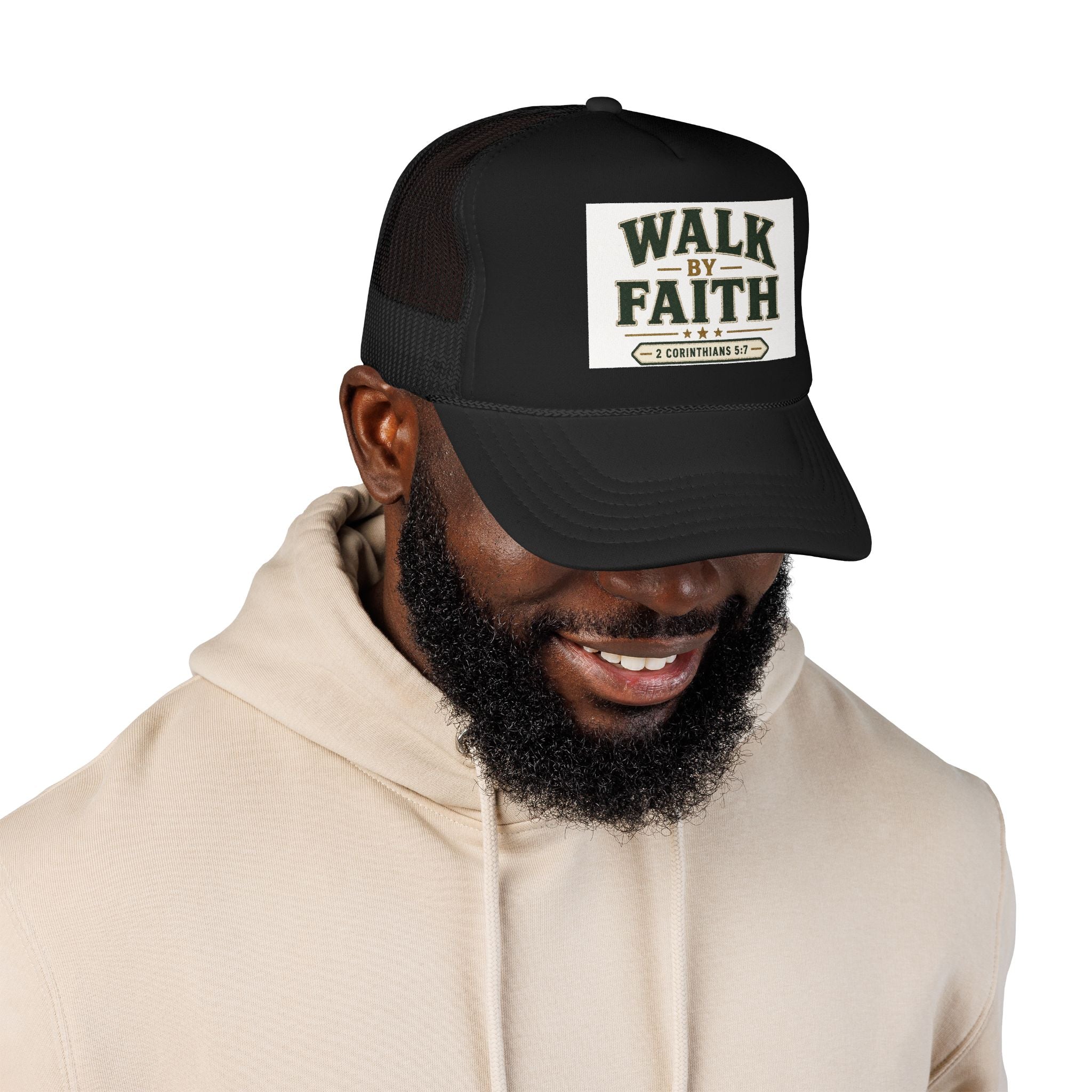Walk By Faith Foam Trucker Hat — 2 Corinthians 5:7 Christian Cap