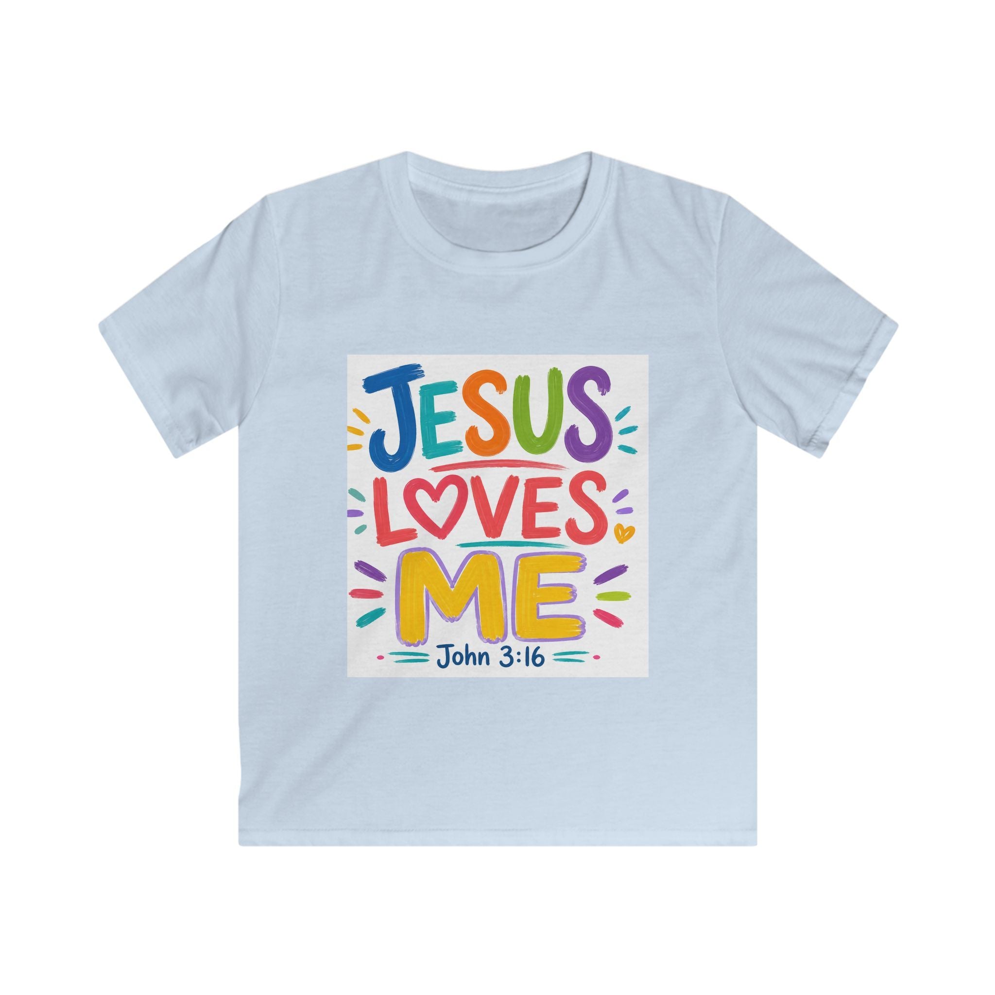 Kids Tee — "Jesus Loves Me" Colorful Scripture T‑Shirt (John 3:16)
