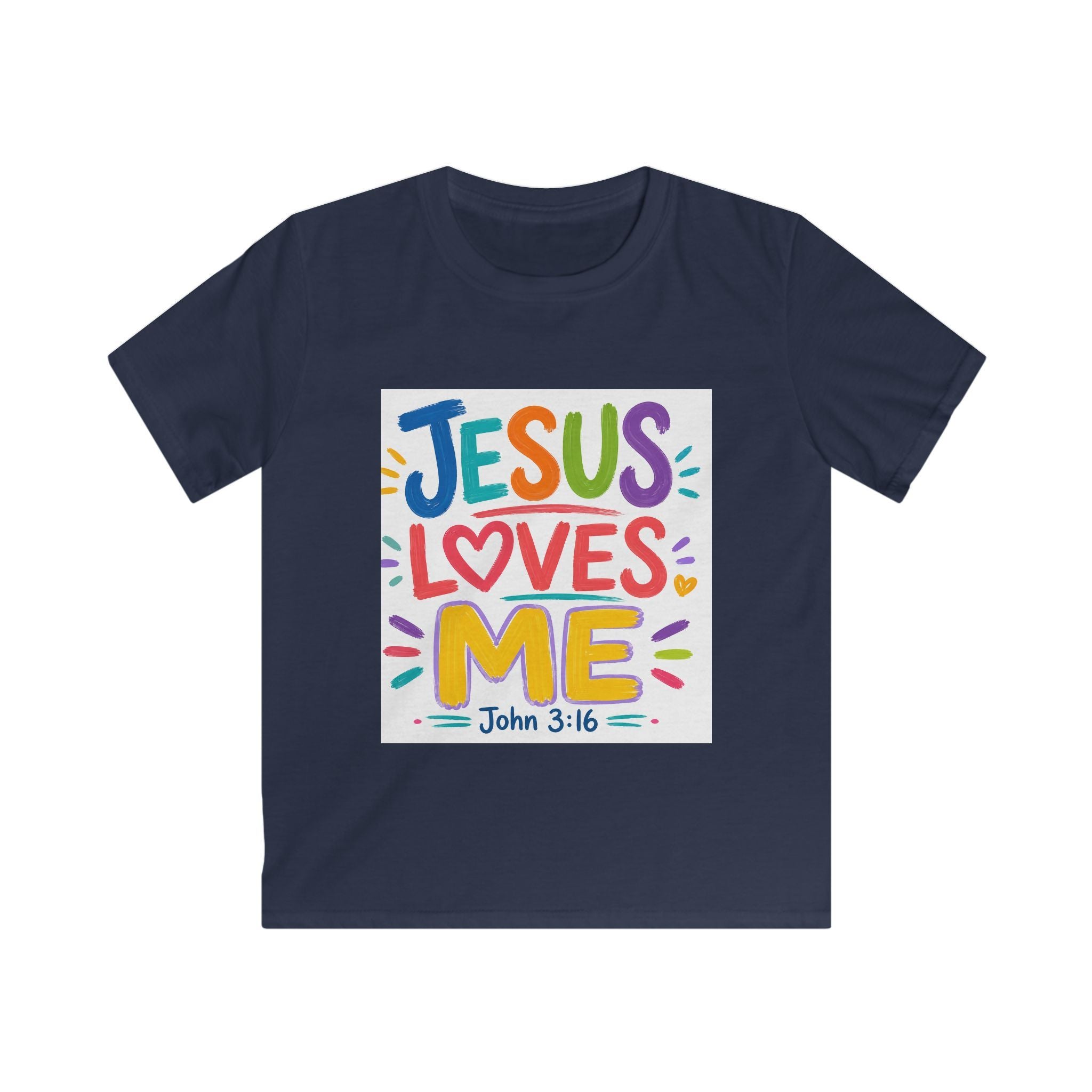 Kids Tee — "Jesus Loves Me" Colorful Scripture T‑Shirt (John 3:16)