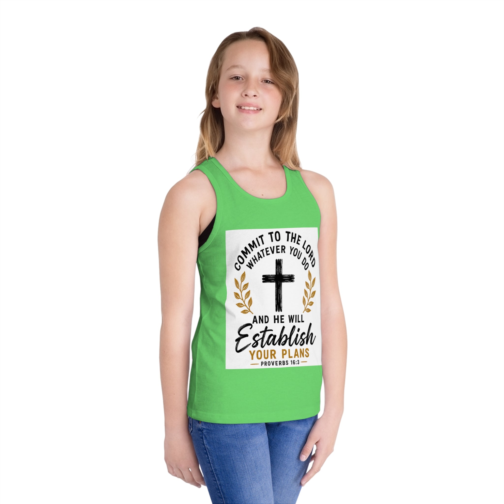 Kids Faith Tank Top - "Commit to the Lord" Proverbs 16:3 Cross Design