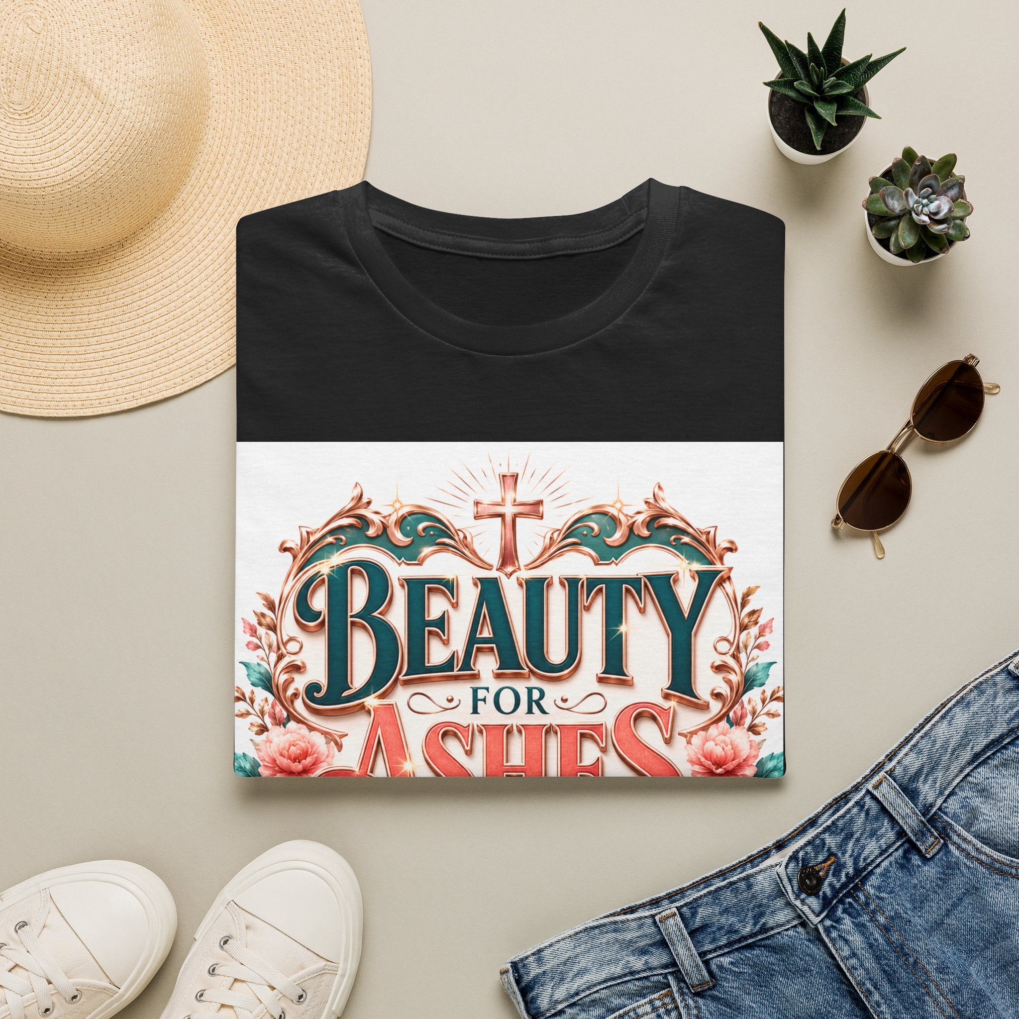 Beauty for Ashes T-Shirt — Christian Faith Floral Tee (Joy for Mourning)