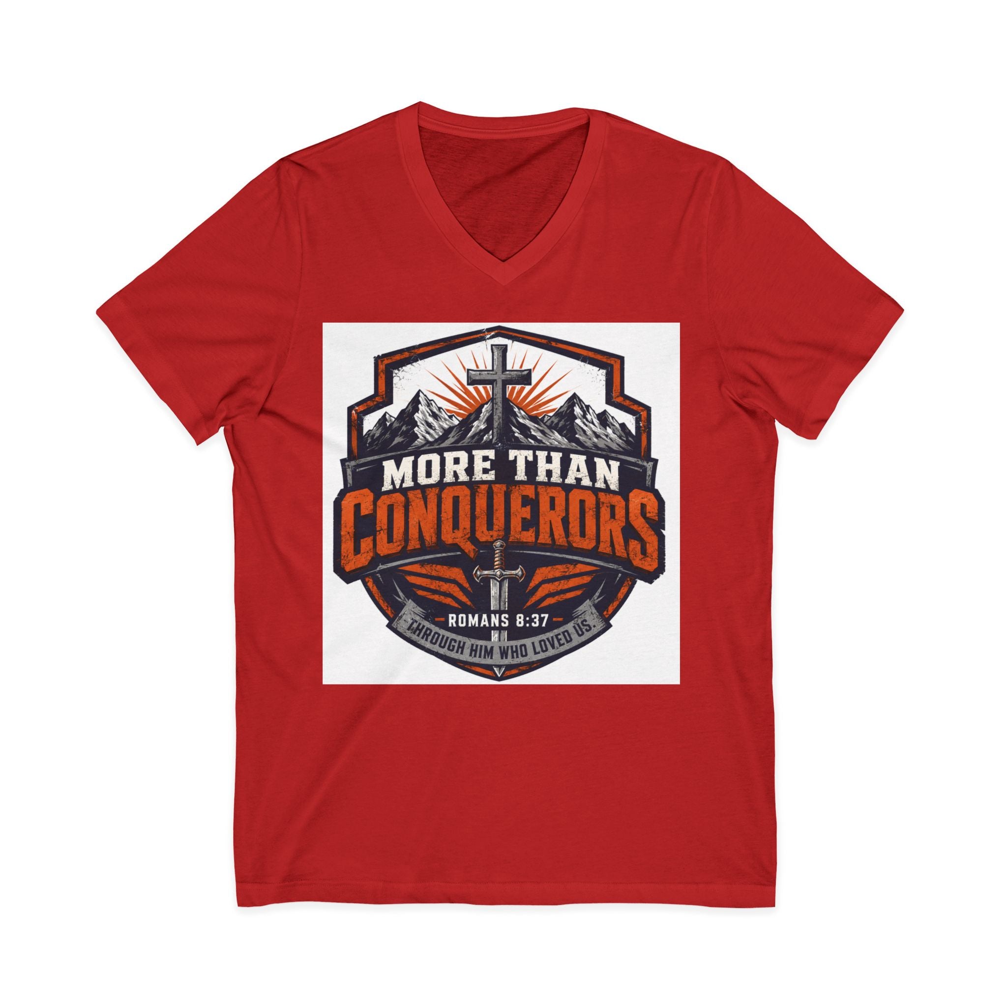 More Than Conquerors V-Neck Tee — Christian Faith Graphic Shirt (Romans 8:37)
