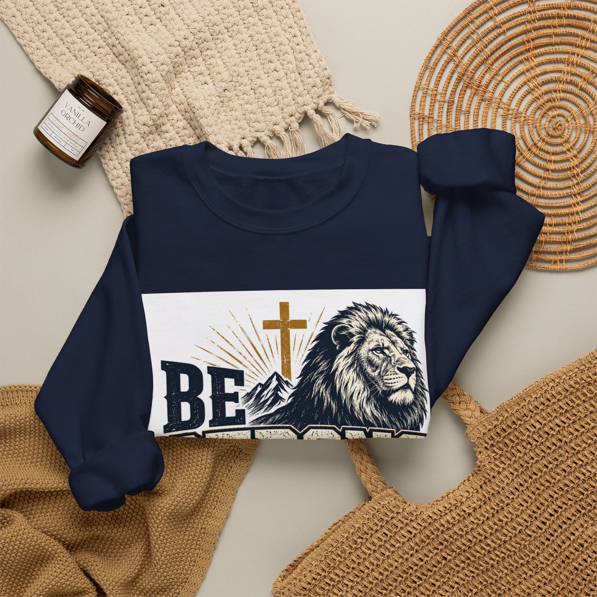 Be Strong and Courageous Crewneck Sweatshirt — Joshua 1:9 Lion & Cross Christian Pullover