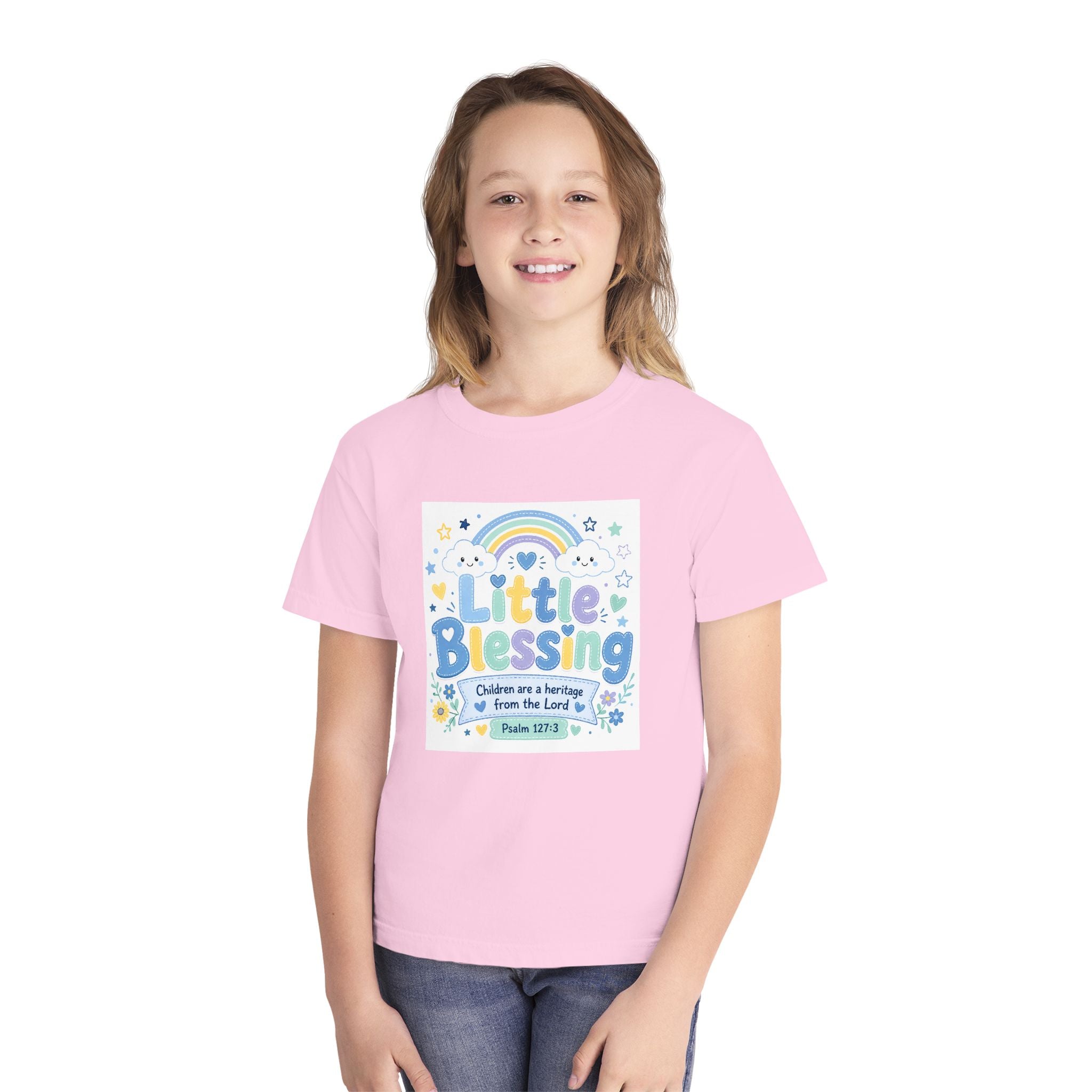 Youth Tee - "Little Blessing" Kids Shirt with Rainbow & Psalm 127:3 Design