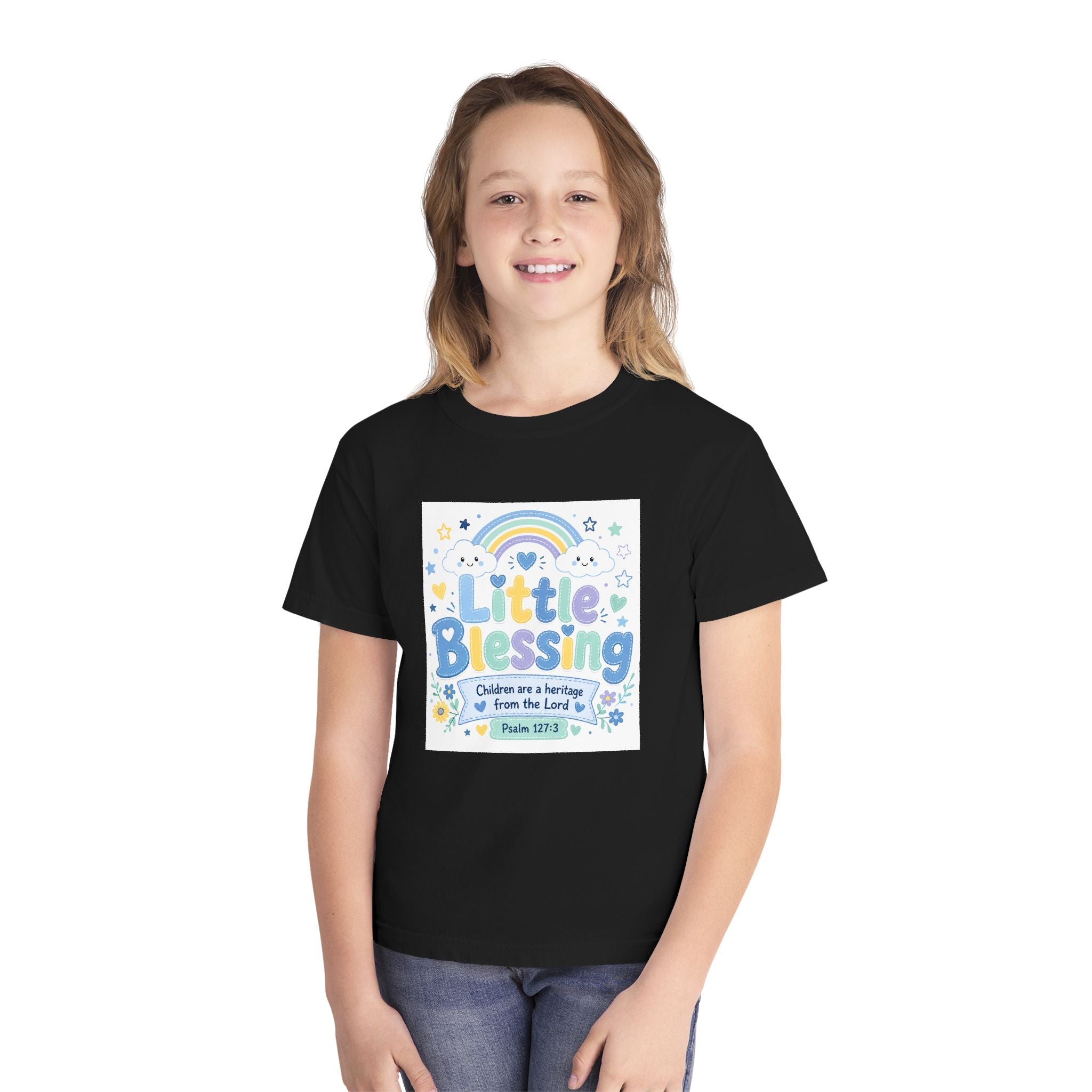 Youth Tee - "Little Blessing" Kids Shirt with Rainbow & Psalm 127:3 Design