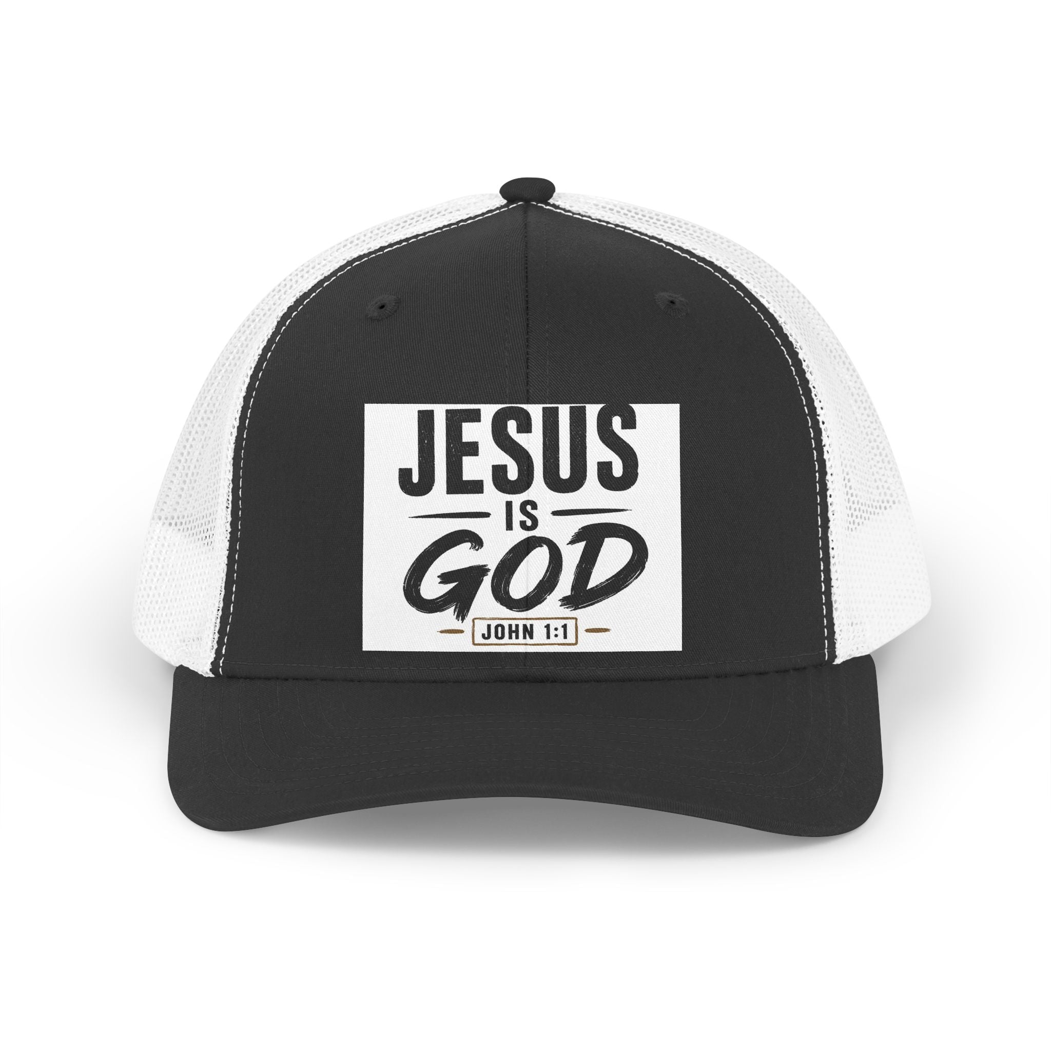 Jesus Is God Trucker Hat — Retro Christian Mesh Cap (John 1:1)