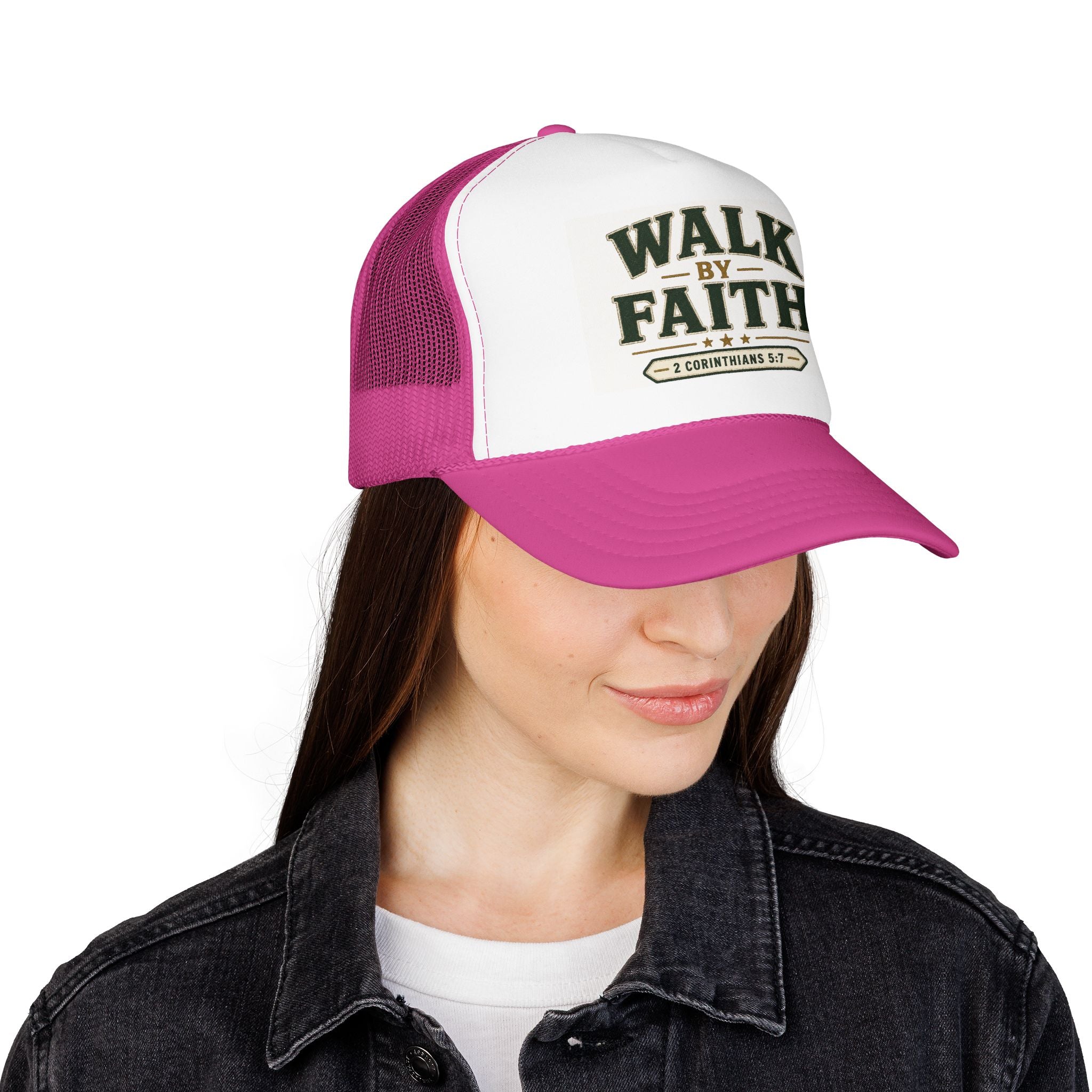 Walk By Faith Foam Trucker Hat — 2 Corinthians 5:7 Christian Cap