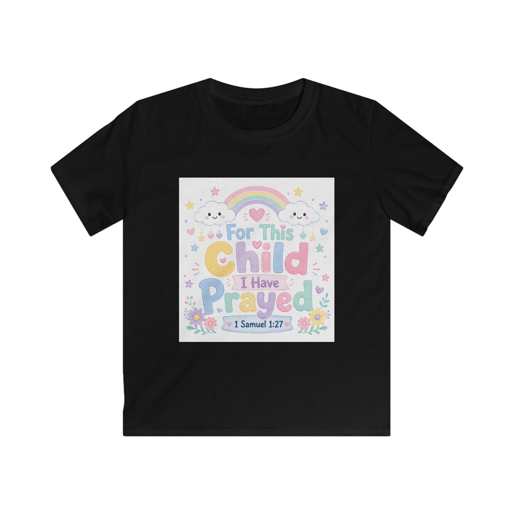 Kids Tee — "For This Child I Have Prayed" Pastel Rainbow Christian Shirt (1 Samuel 1:27)