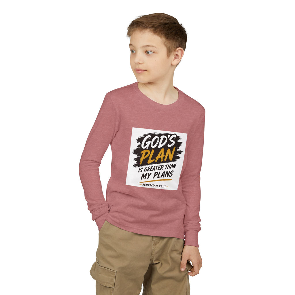 God's Plan Youth Long Sleeve Tee — "God's Plan Is Greater Than My Plans" Christian Kids Shirt