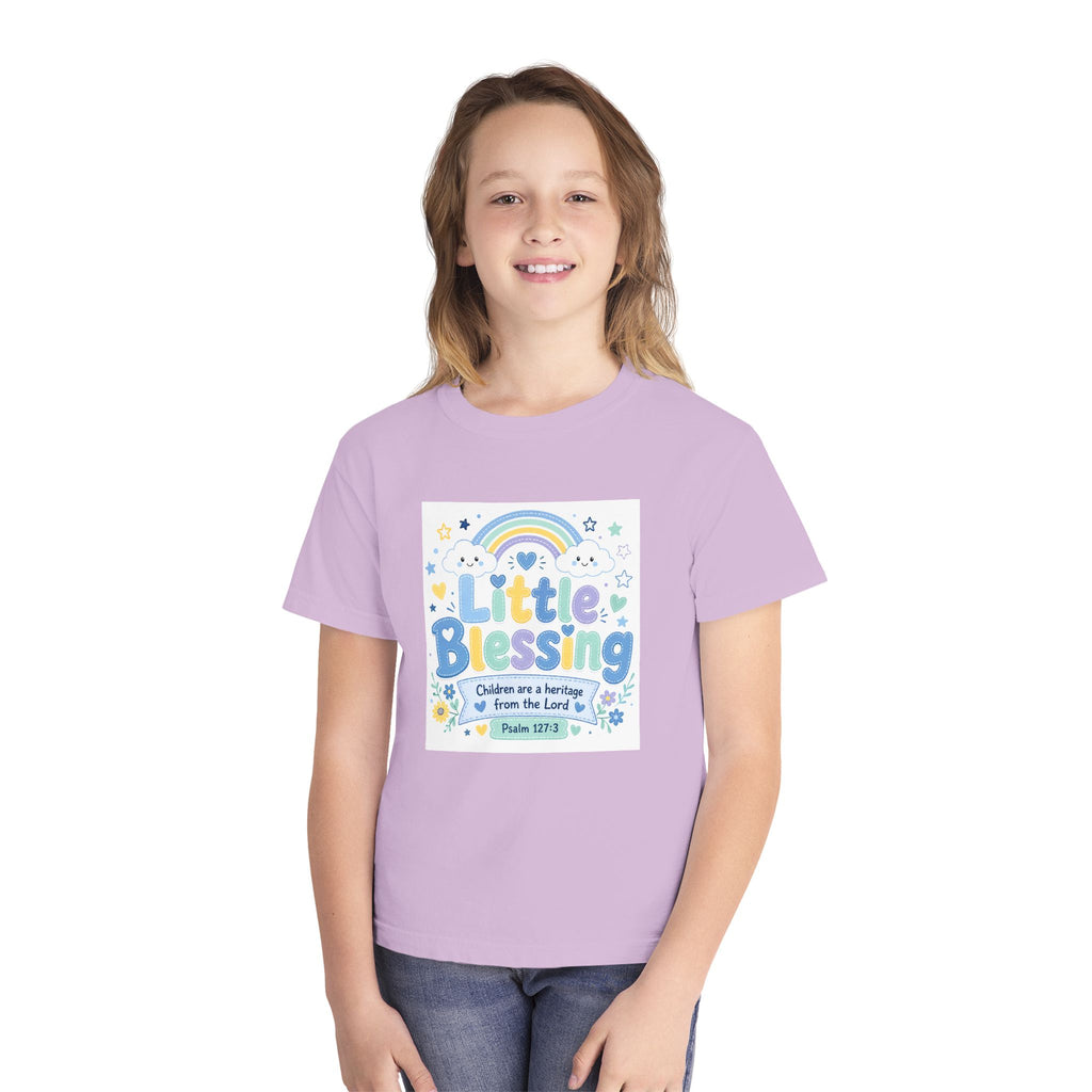Youth Tee - "Little Blessing" Kids Shirt with Rainbow & Psalm 127:3 Design