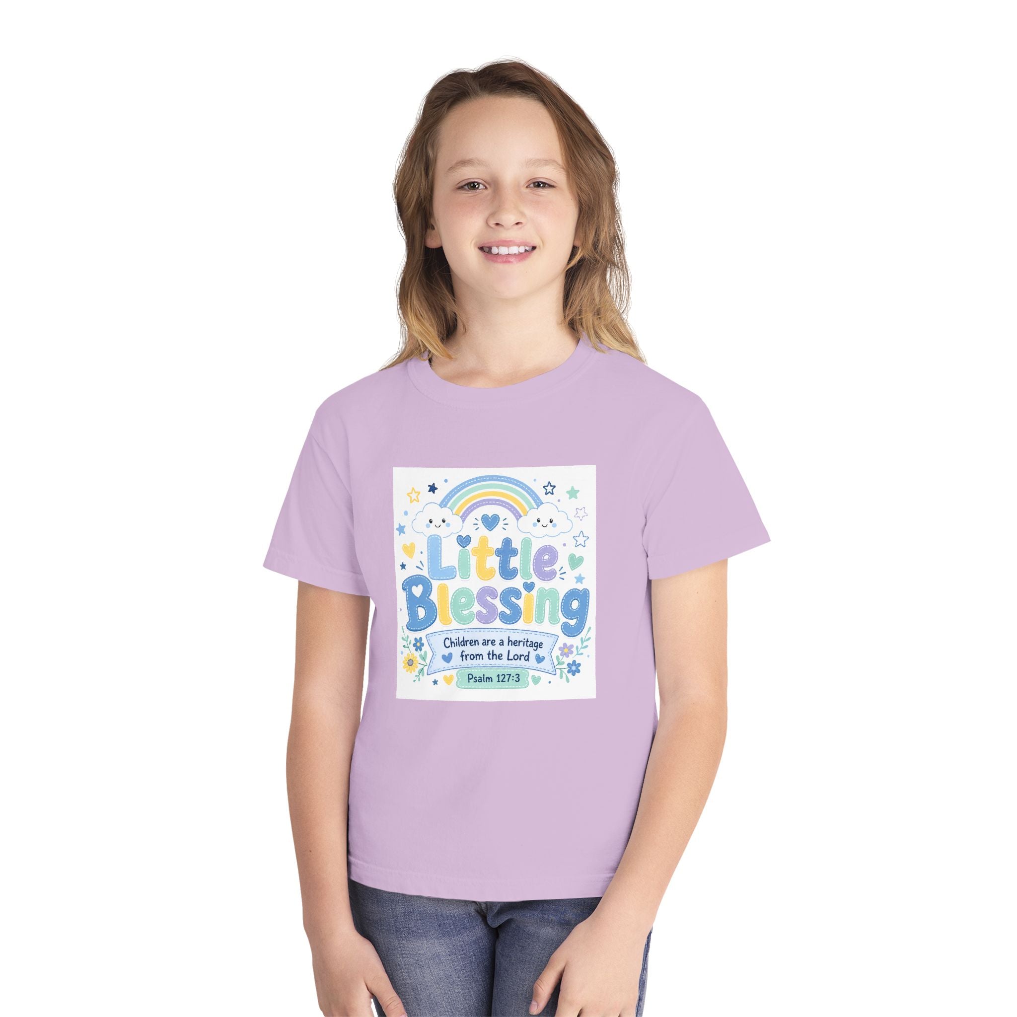 Youth Tee - "Little Blessing" Kids Shirt with Rainbow & Psalm 127:3 Design