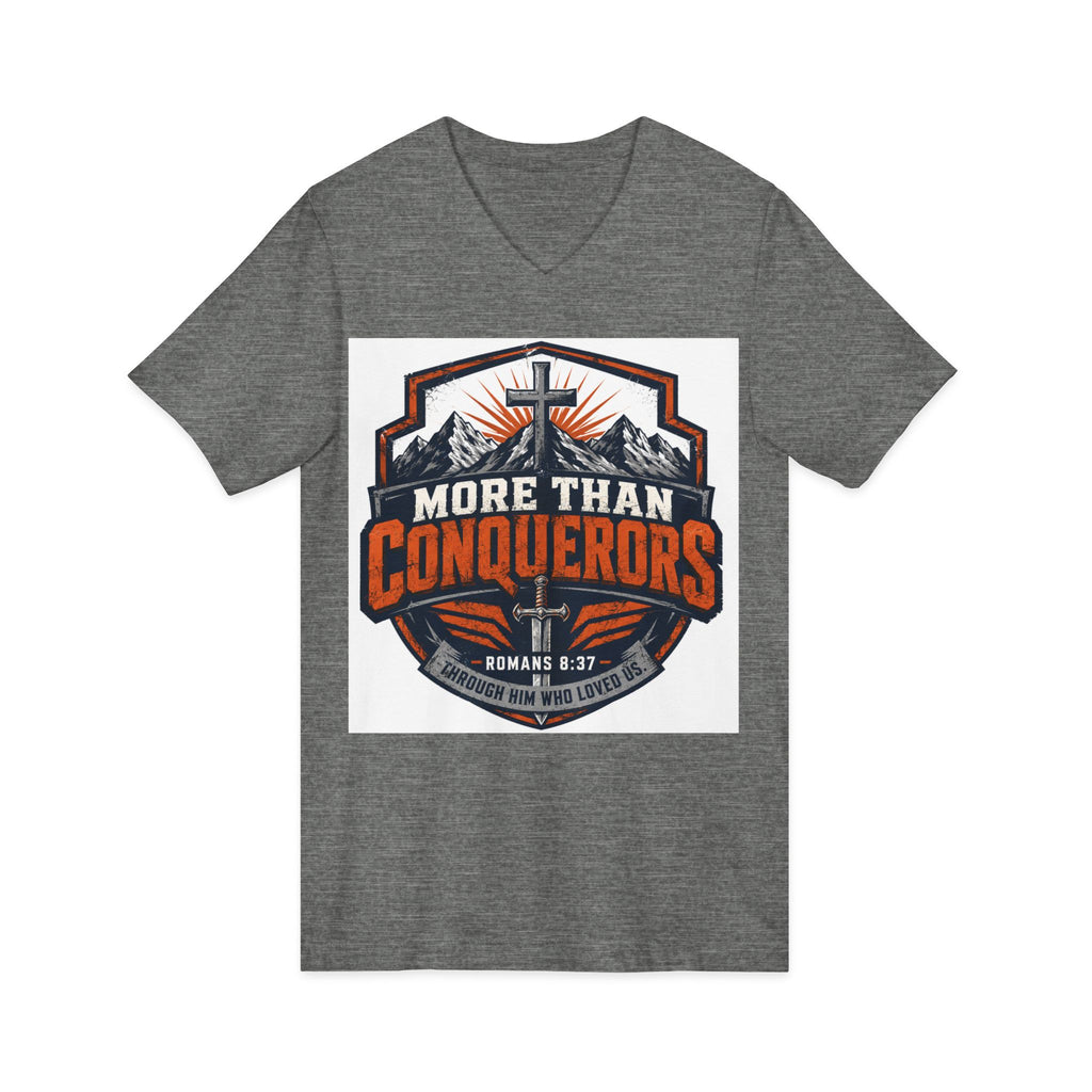 More Than Conquerors V-Neck Tee — Christian Faith Graphic Shirt (Romans 8:37)