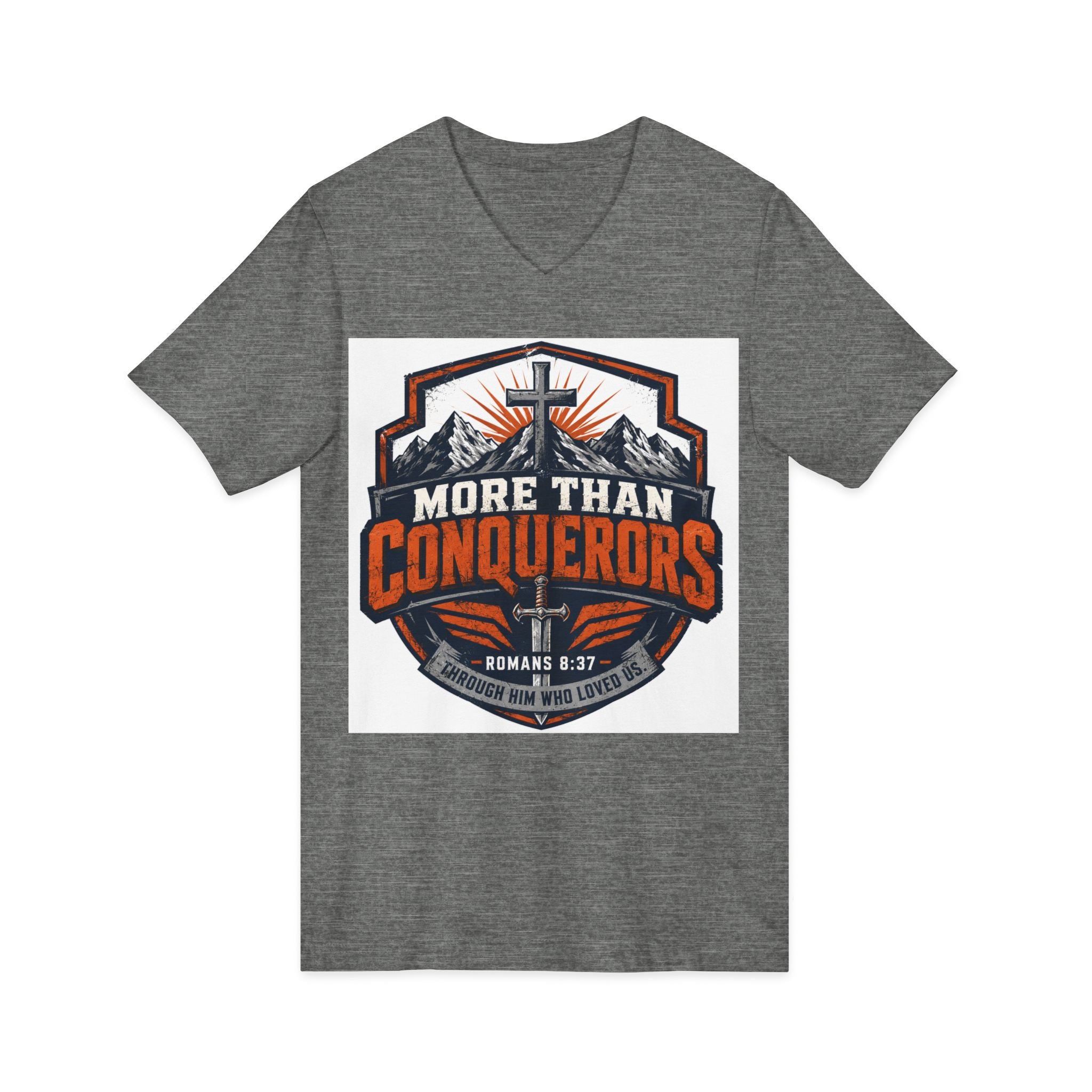 More Than Conquerors V-Neck Tee — Christian Faith Graphic Shirt (Romans 8:37)