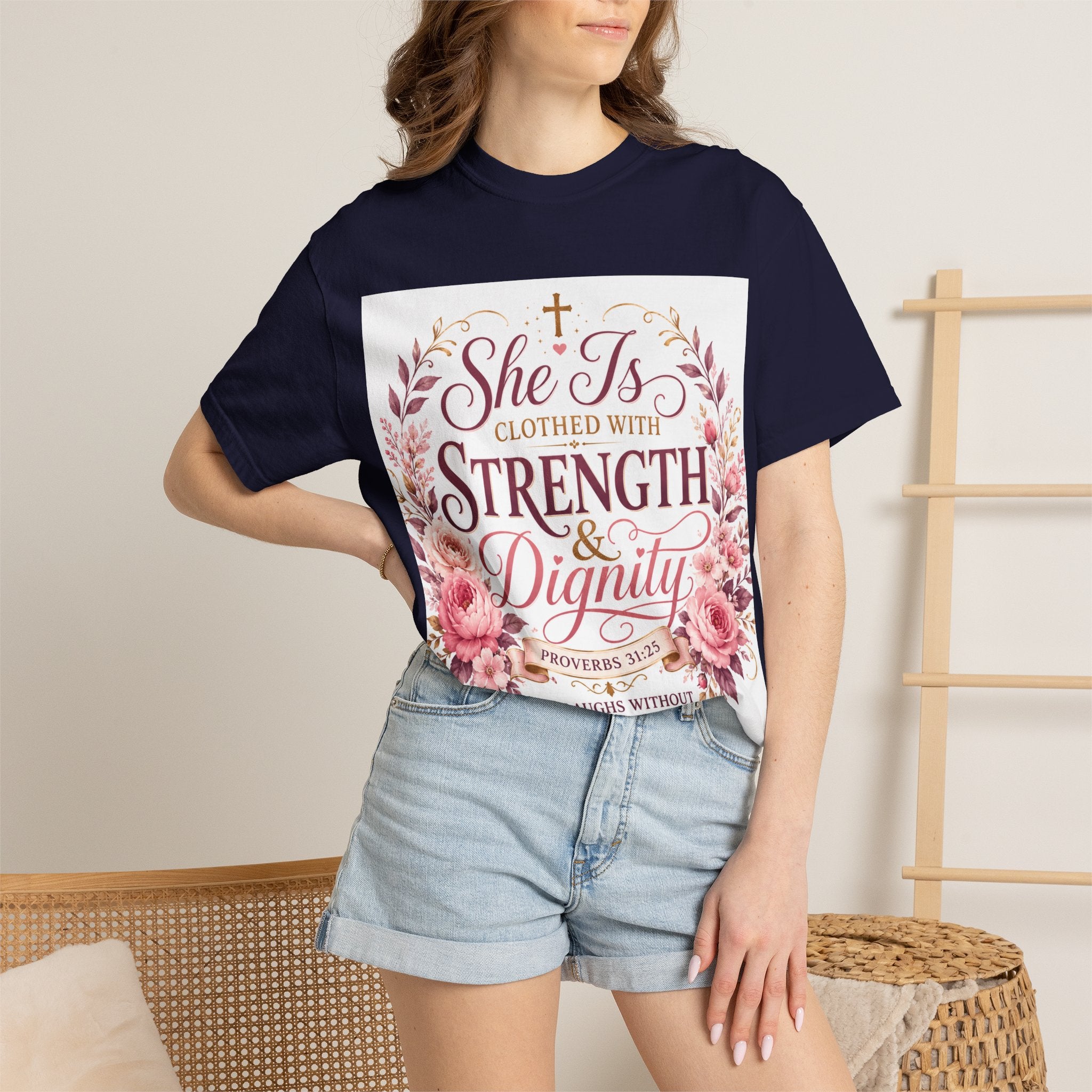She Is Clothed With Strength & Dignity T-Shirt — Proverbs 31 Floral Christian Tee