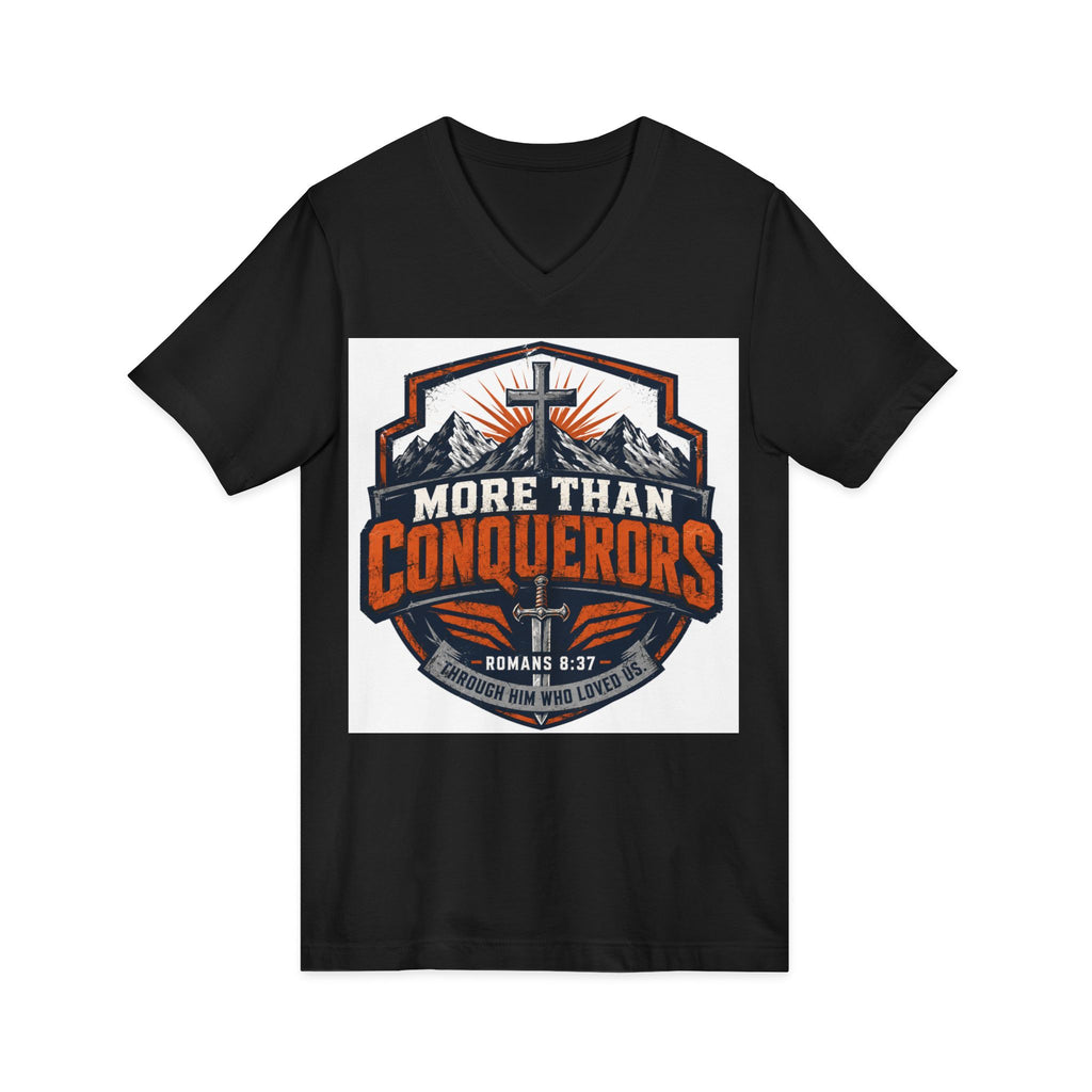 More Than Conquerors V-Neck Tee — Christian Faith Graphic Shirt (Romans 8:37)