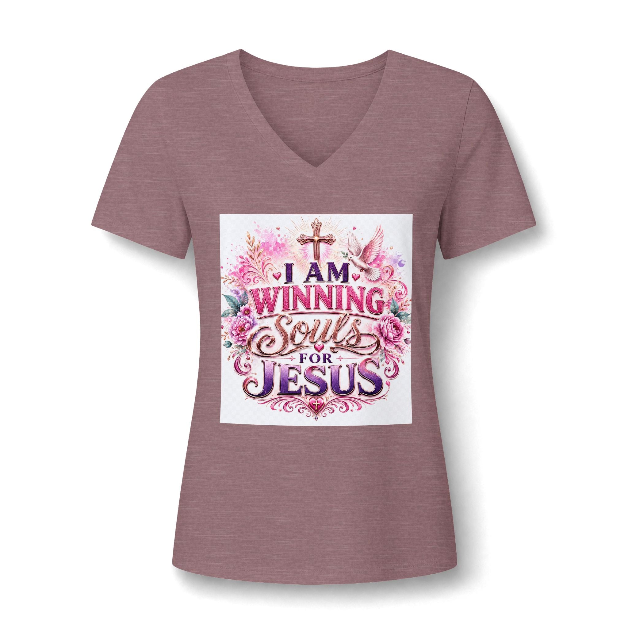 Christian V-Neck Tee — "I Am Winning Souls for Jesus" Floral Design