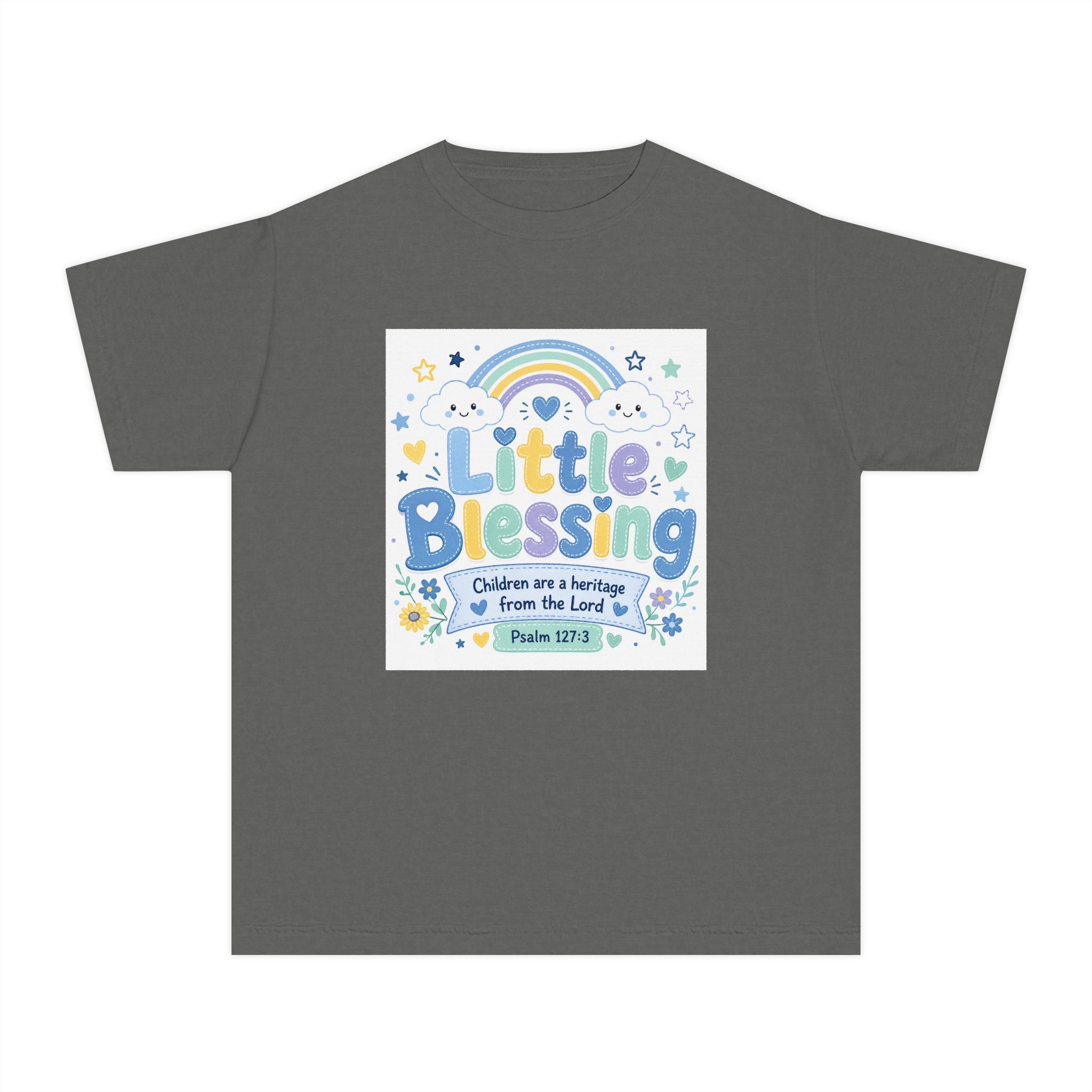 Youth Tee - "Little Blessing" Kids Shirt with Rainbow & Psalm 127:3 Design
