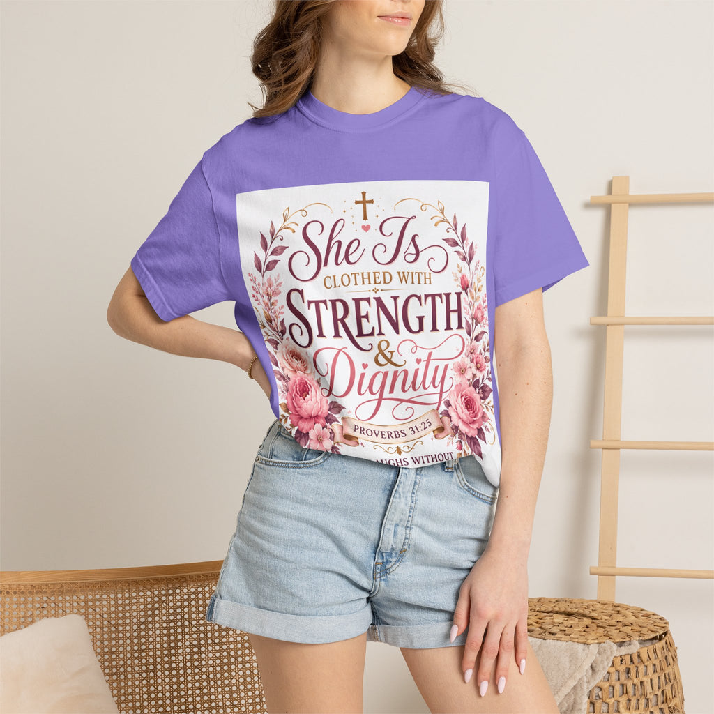 She Is Clothed With Strength & Dignity T-Shirt — Proverbs 31 Floral Christian Tee