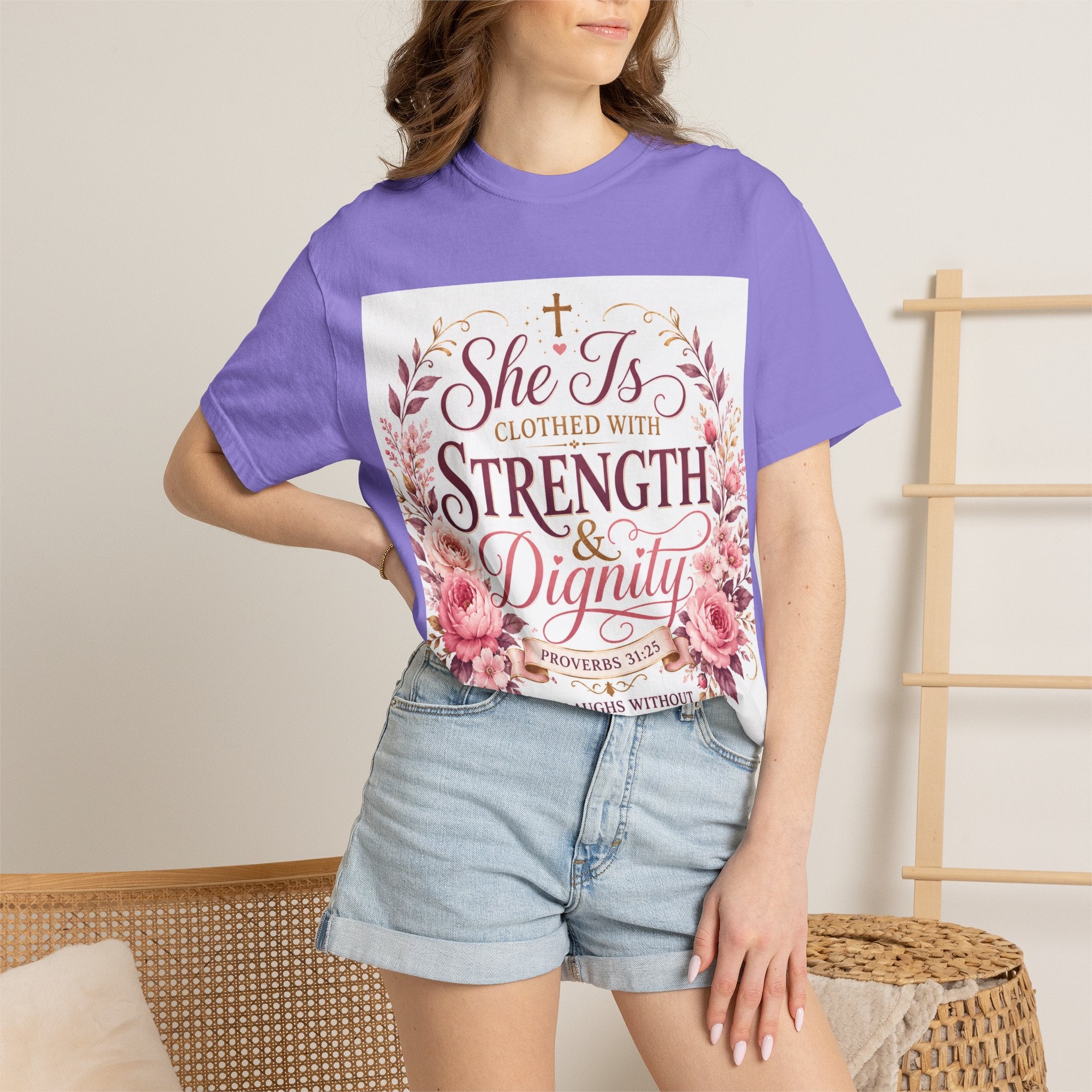 She Is Clothed With Strength & Dignity T-Shirt — Proverbs 31 Floral Christian Tee