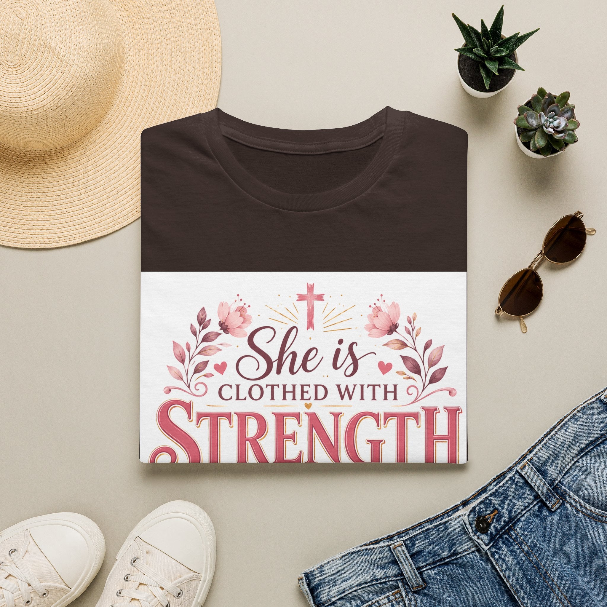 T-Shirt — "She Is Clothed With Strength and Dignity" Christian Floral Inspirational Tee