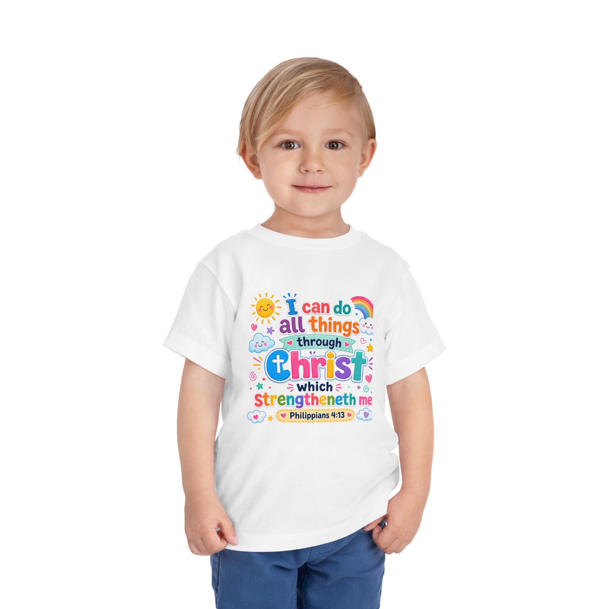 Toddler Tee — "I Can Do All Things Through Christ" Colorful Faith Shirt (Philippians 4:13)