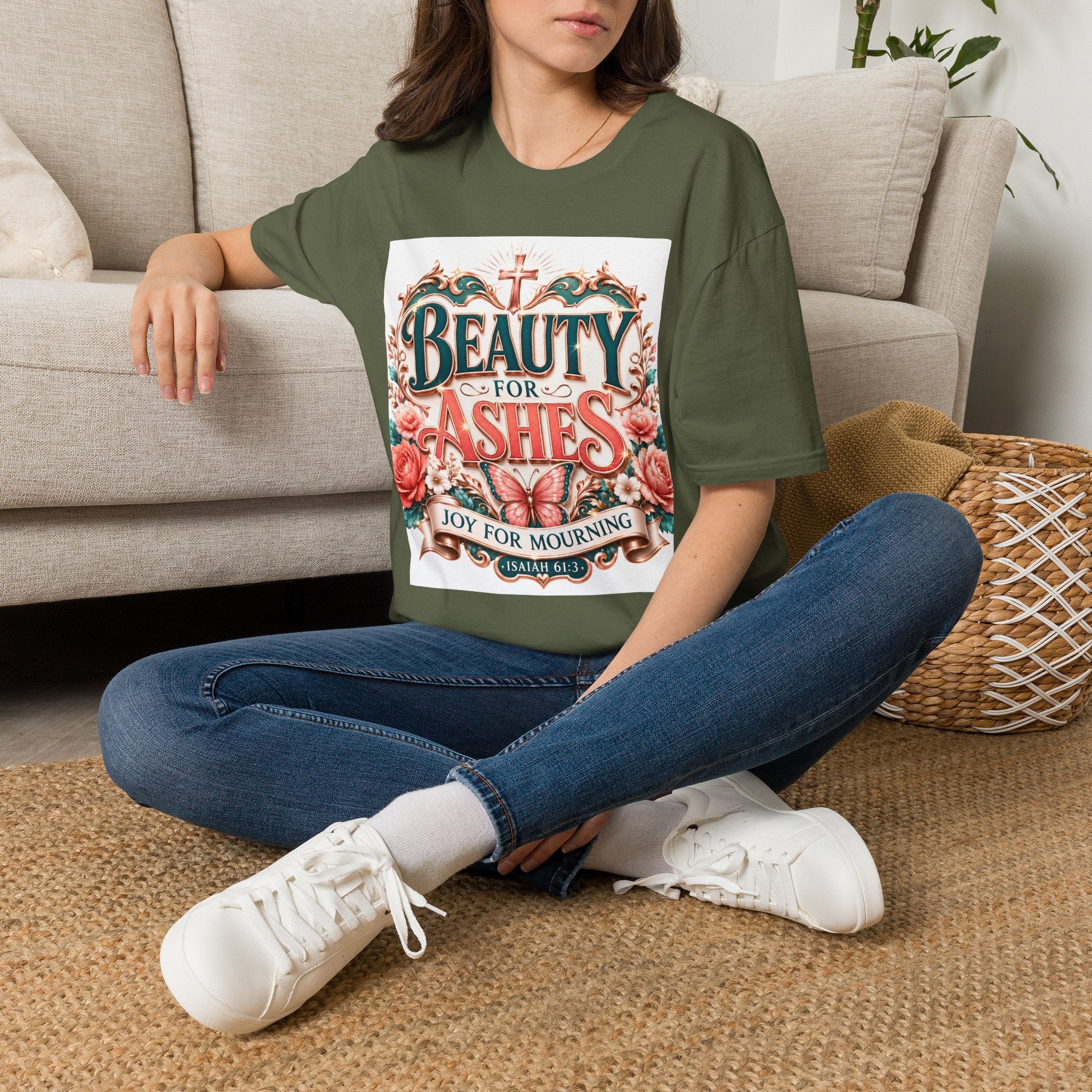 Beauty for Ashes T-Shirt — Christian Faith Floral Tee (Joy for Mourning)