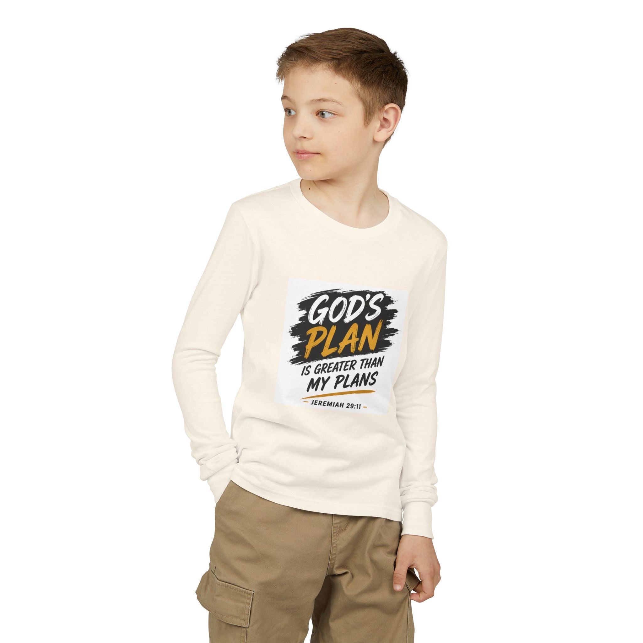 God's Plan Youth Long Sleeve Tee — "God's Plan Is Greater Than My Plans" Christian Kids Shirt