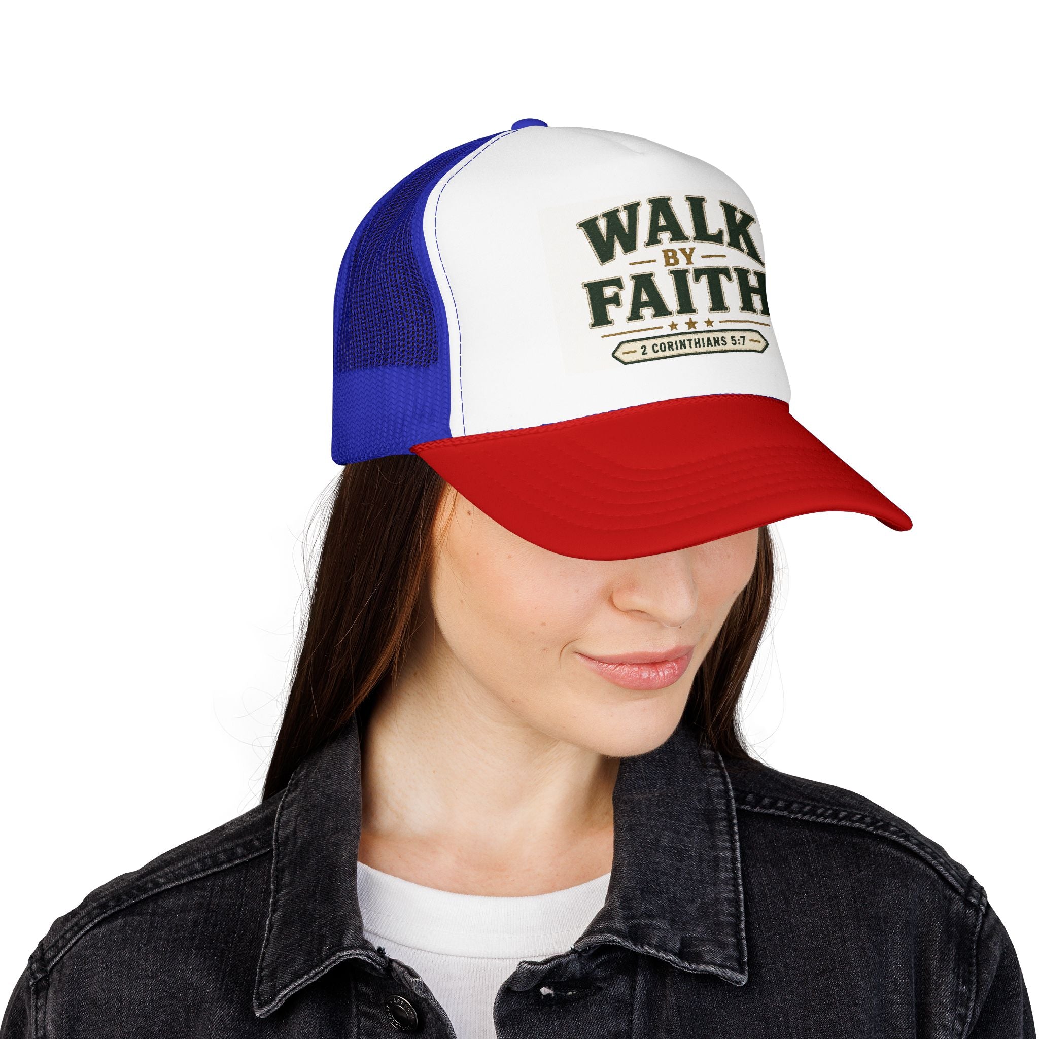 Walk By Faith Foam Trucker Hat — 2 Corinthians 5:7 Christian Cap