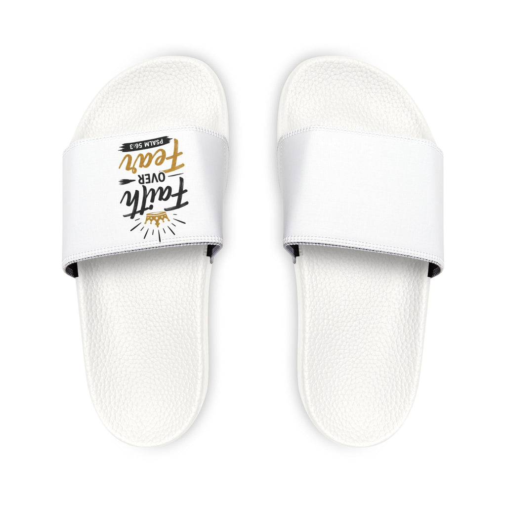 Youth Removable-Strap Slides — 'Faith Over Fear' Printed White Sandals for Kids