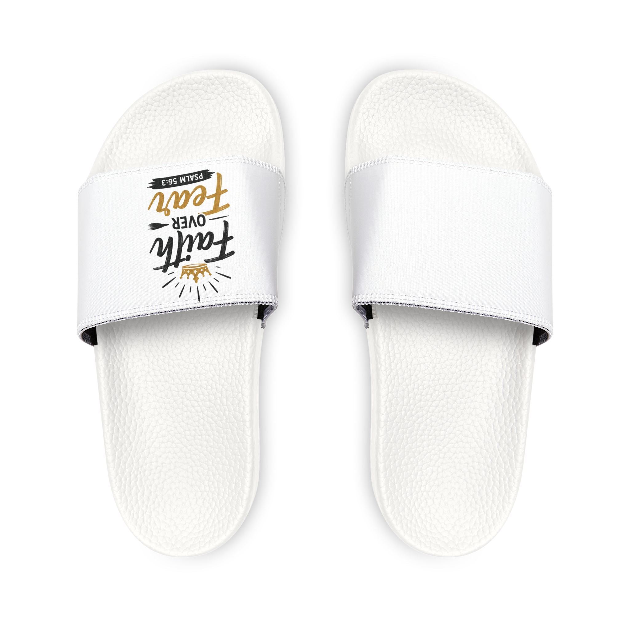 Youth Removable-Strap Slides — 'Faith Over Fear' Printed White Sandals for Kids