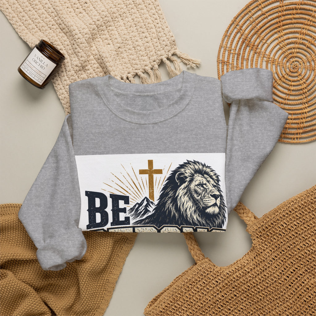Be Strong and Courageous Crewneck Sweatshirt — Joshua 1:9 Lion & Cross Christian Pullover