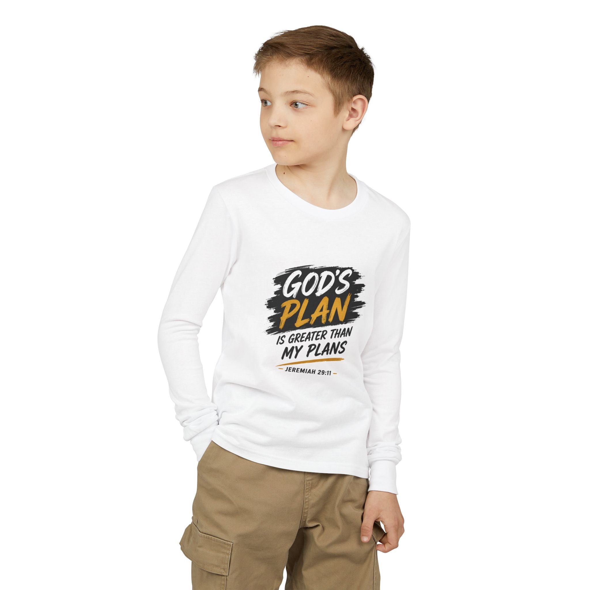 God's Plan Youth Long Sleeve Tee — "God's Plan Is Greater Than My Plans" Christian Kids Shirt